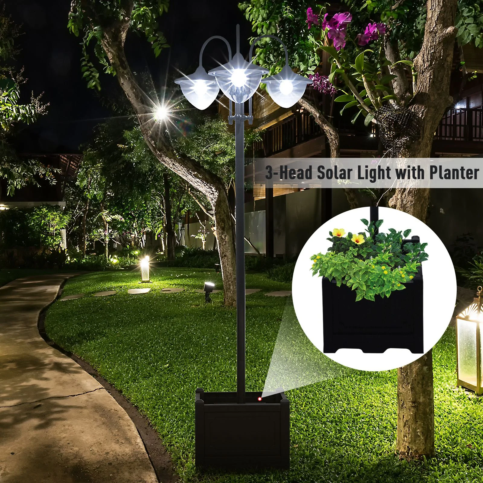 74.5" 3-Head Solar Street Light Post with Planter, Auto-On, 6Hr, Black - Image 9