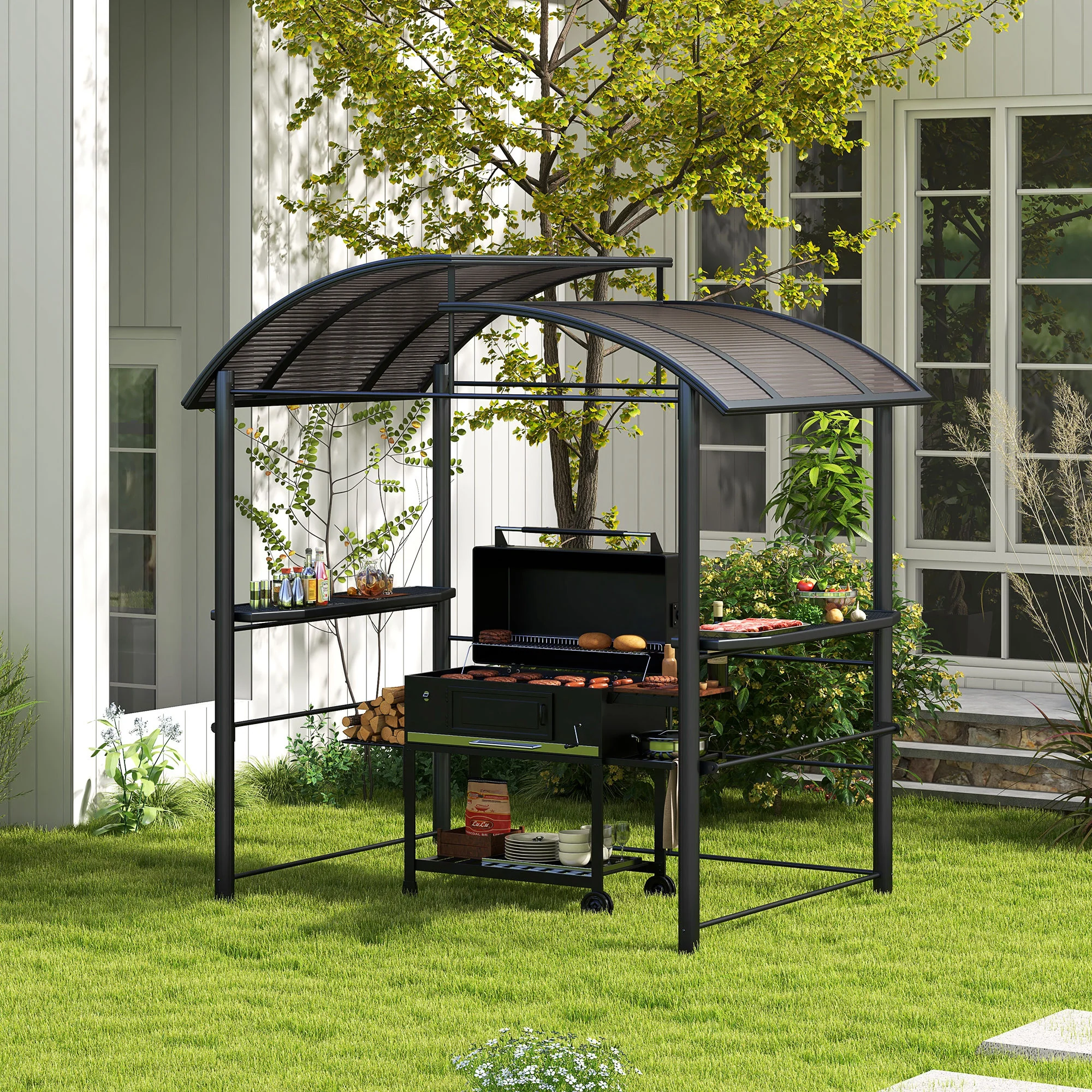 8' x 5' Grill Gazebo Shelter with Vented PC Roof, Side Shelves - Image 3