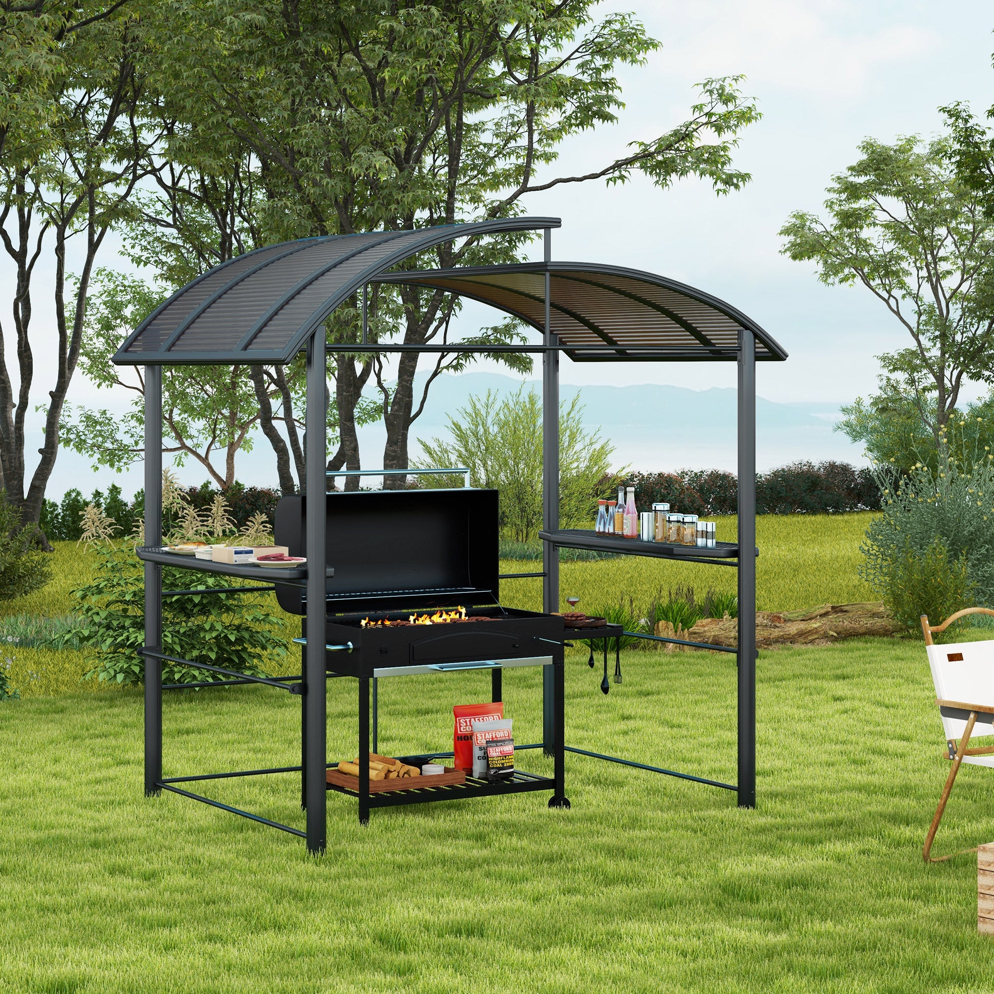 8' x 5' Grill Gazebo Shelter with Vented PC Roof, Side Shelves - Image 4