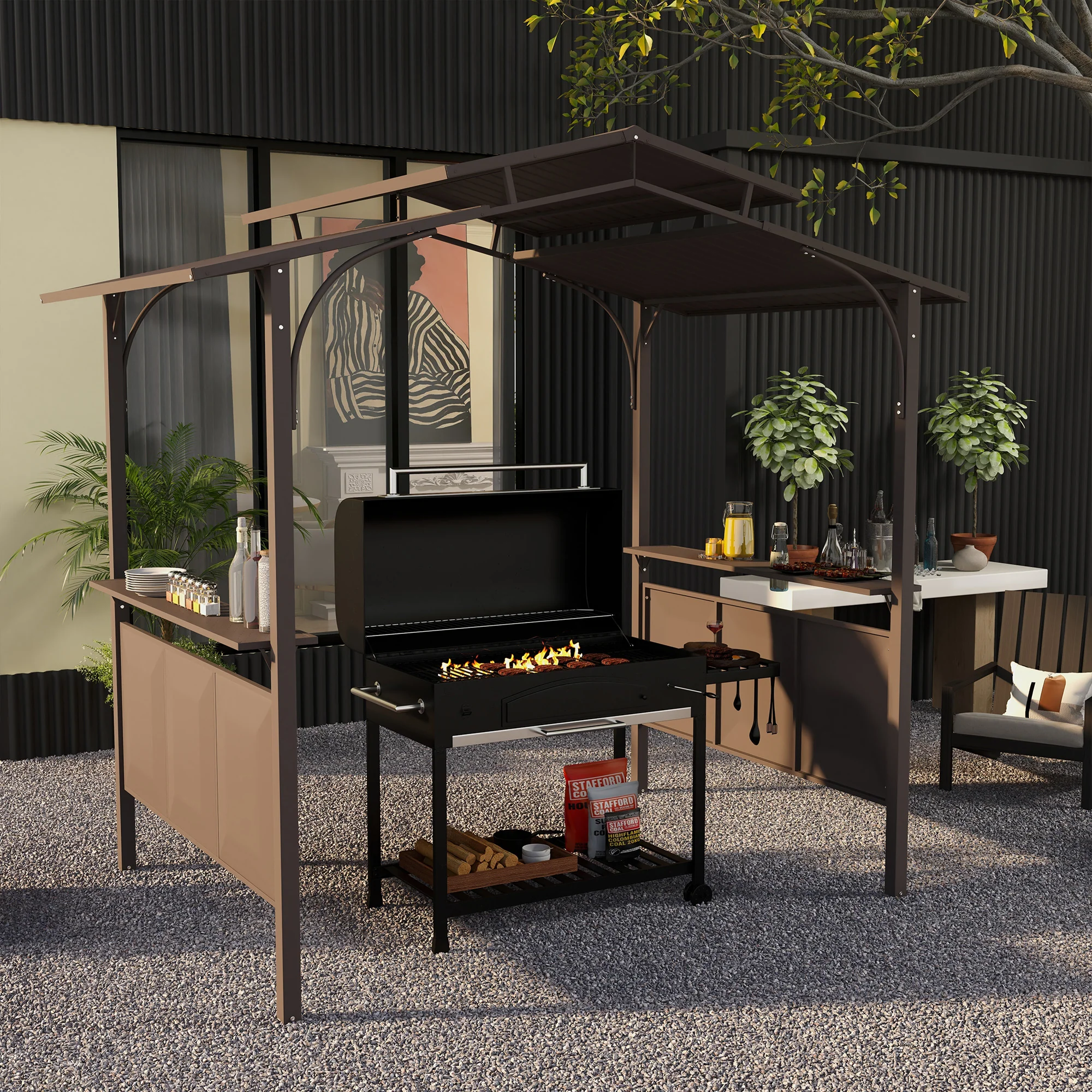 8' x 5' BBQ Grill Gazebo, Double Tiered Roof, Steel Frame, 2 Shelves, Brown - Image 3