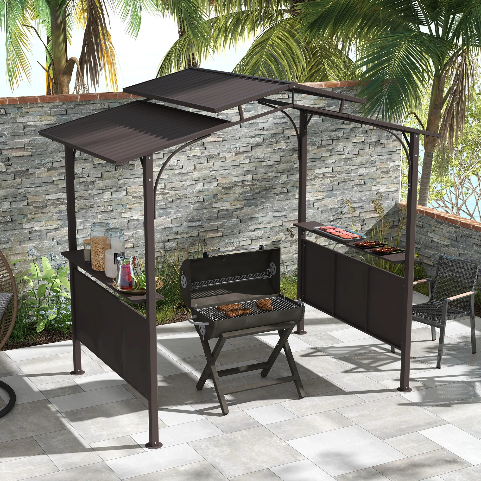 8' x 5' BBQ Grill Gazebo, Double Tiered Roof, Steel Frame, 2 Shelves, Brown - Image 4