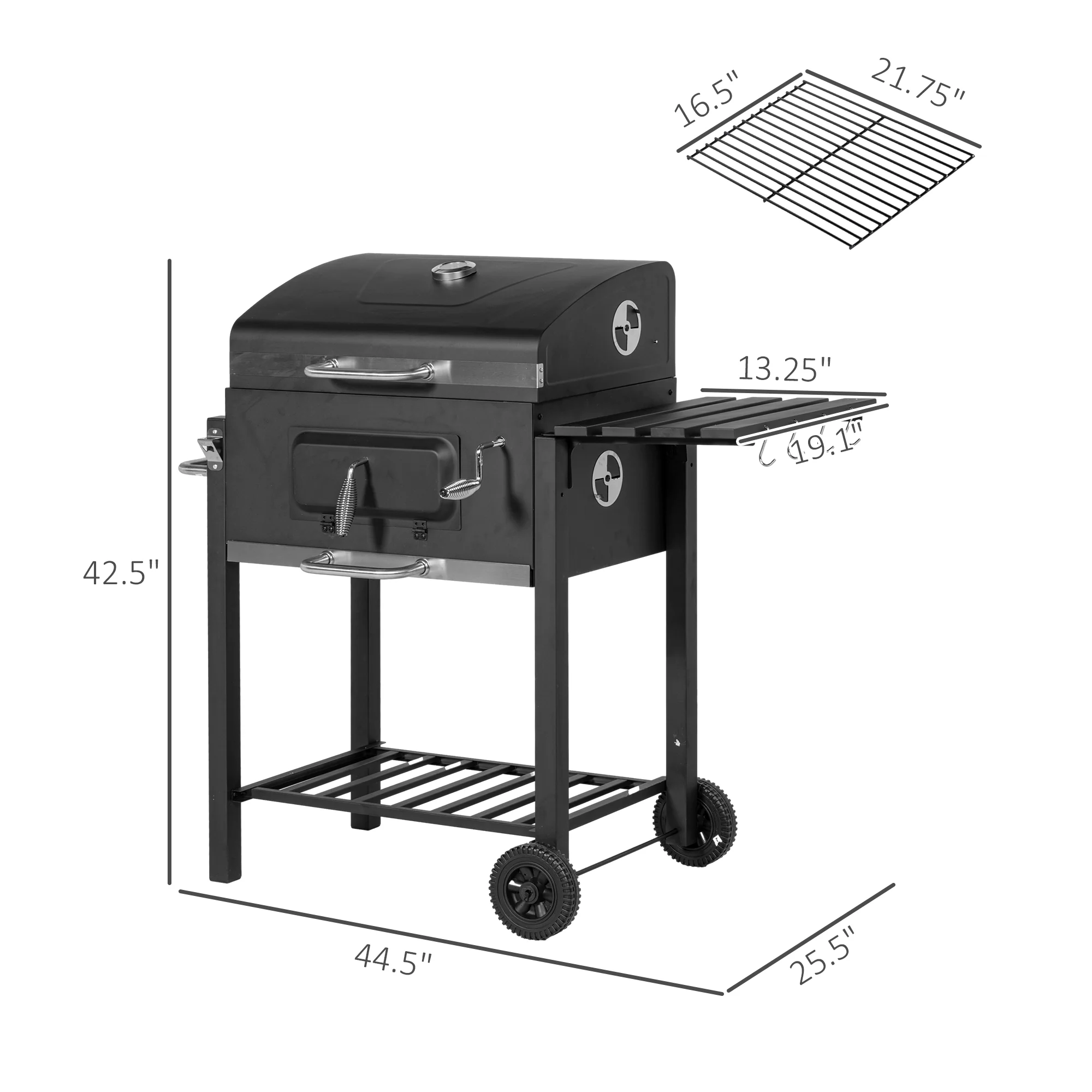 Charcoal BBQ Grill Smoker Combo Portable Trolley Camping Picnic Backyard Side Shelf, Black - Image 5