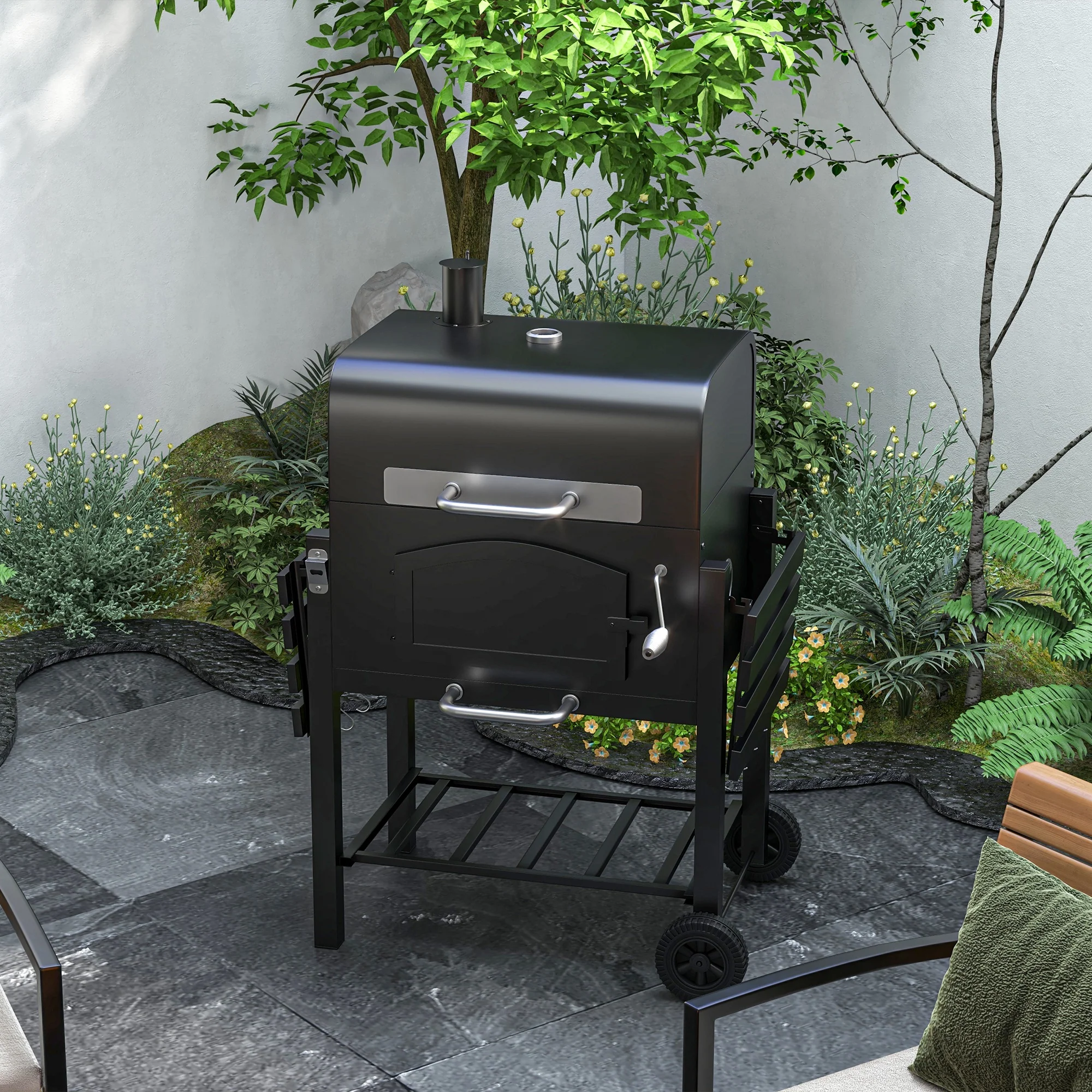 Adjustable Height Charcoal Grill with Foldable Shelves & Wheels, Black - Image 4