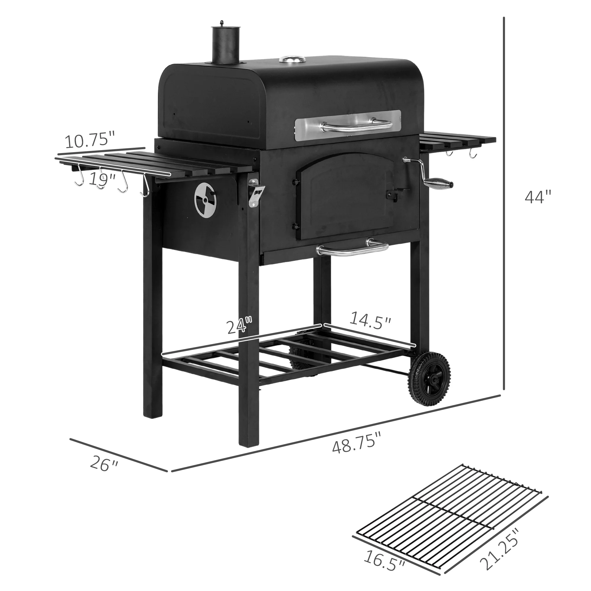 Adjustable Height Charcoal Grill with Foldable Shelves & Wheels, Black - Image 5