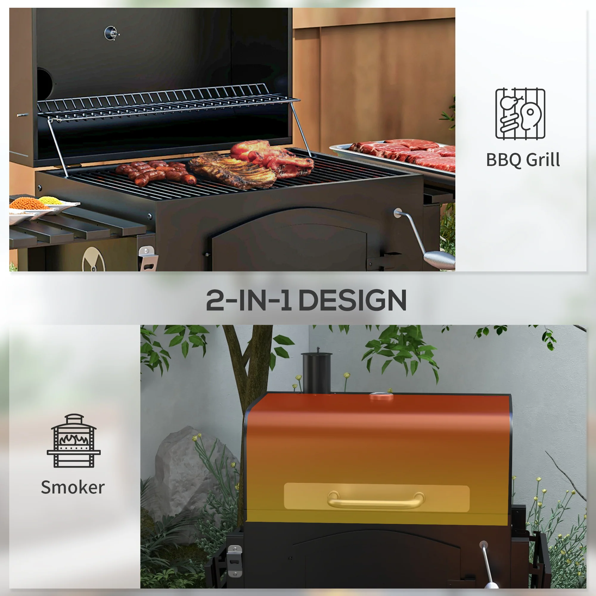 Adjustable Height Charcoal Grill with Foldable Shelves & Wheels, Black - Image 6