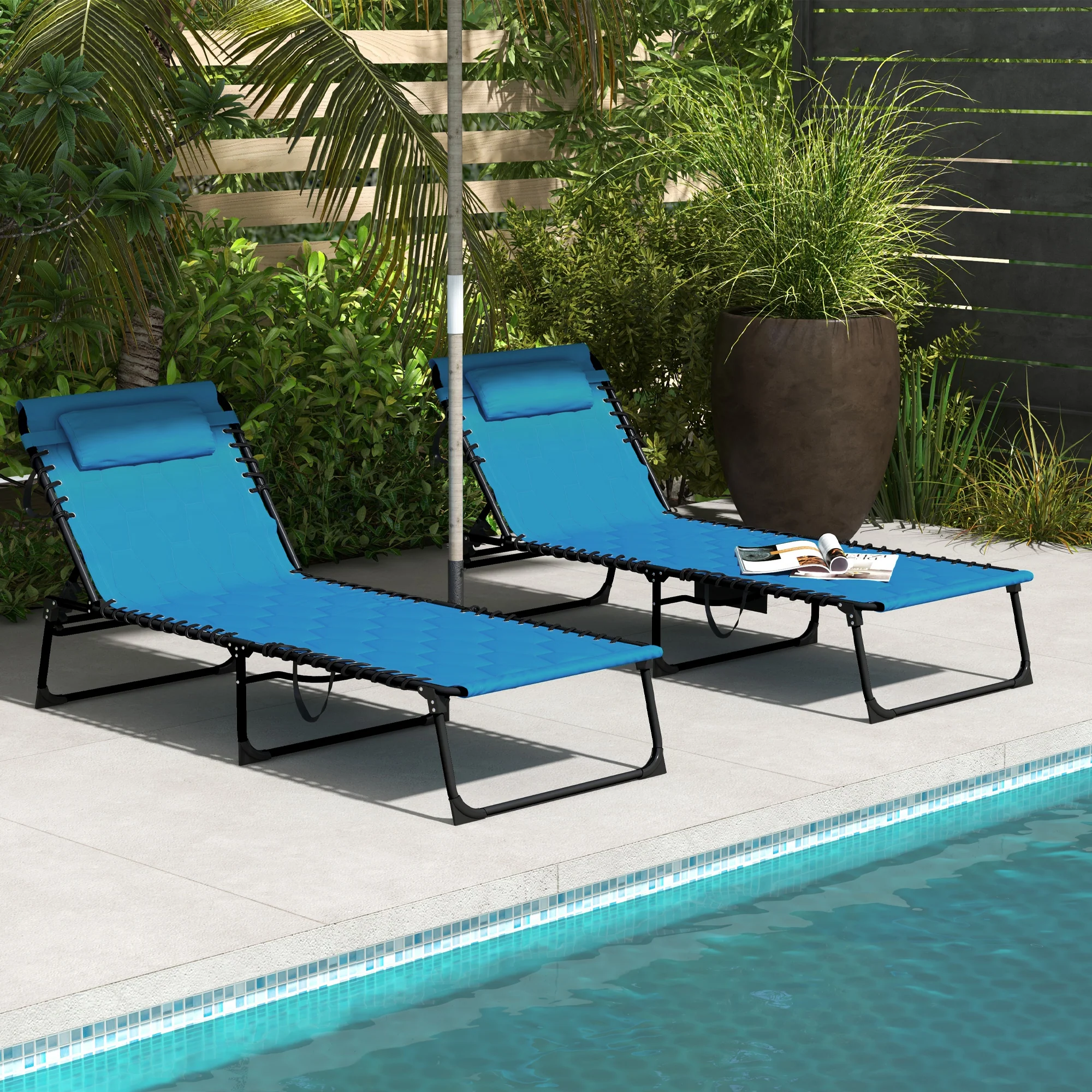Set of 2 Reclining Folding Chaise Lounge Chair with 5-level Reclining Back, Blue - Image 3