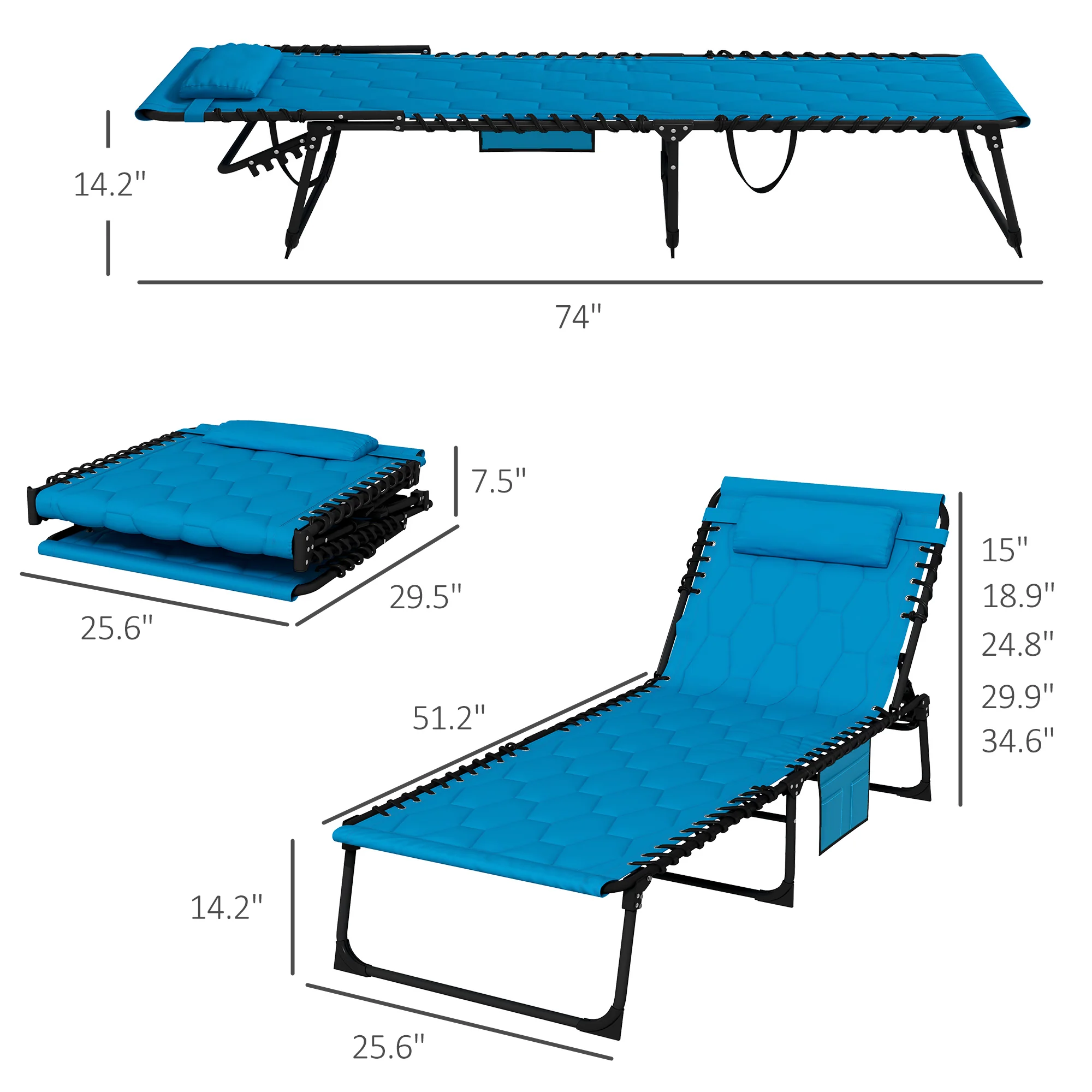 Set of 2 Reclining Folding Chaise Lounge Chair with 5-level Reclining Back, Blue - Image 5