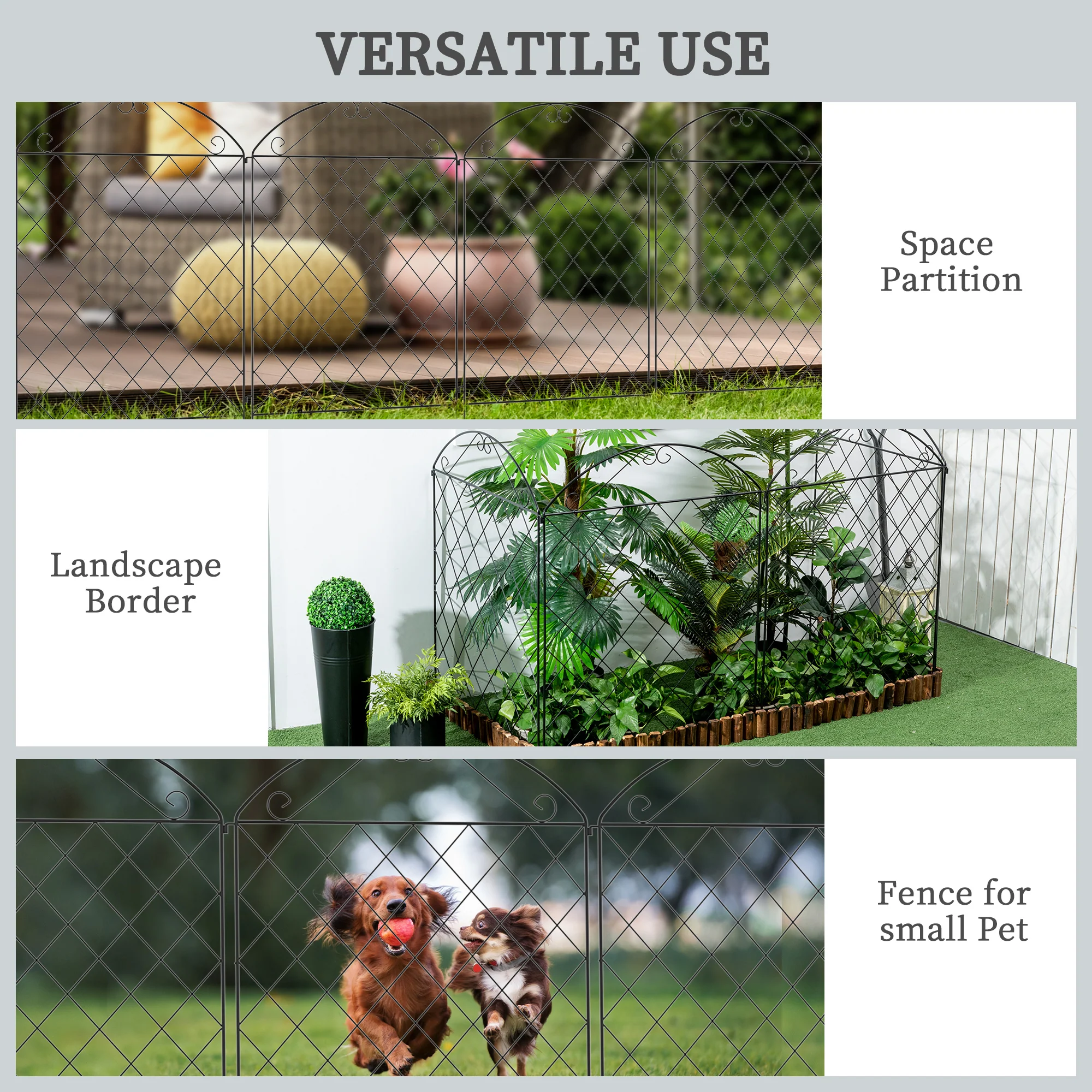 4 Pack Steel Garden Fence Panel, Rust-Resistant Animal Barrier with Curved Vines, 11.5'  x 43", Black - Image 8