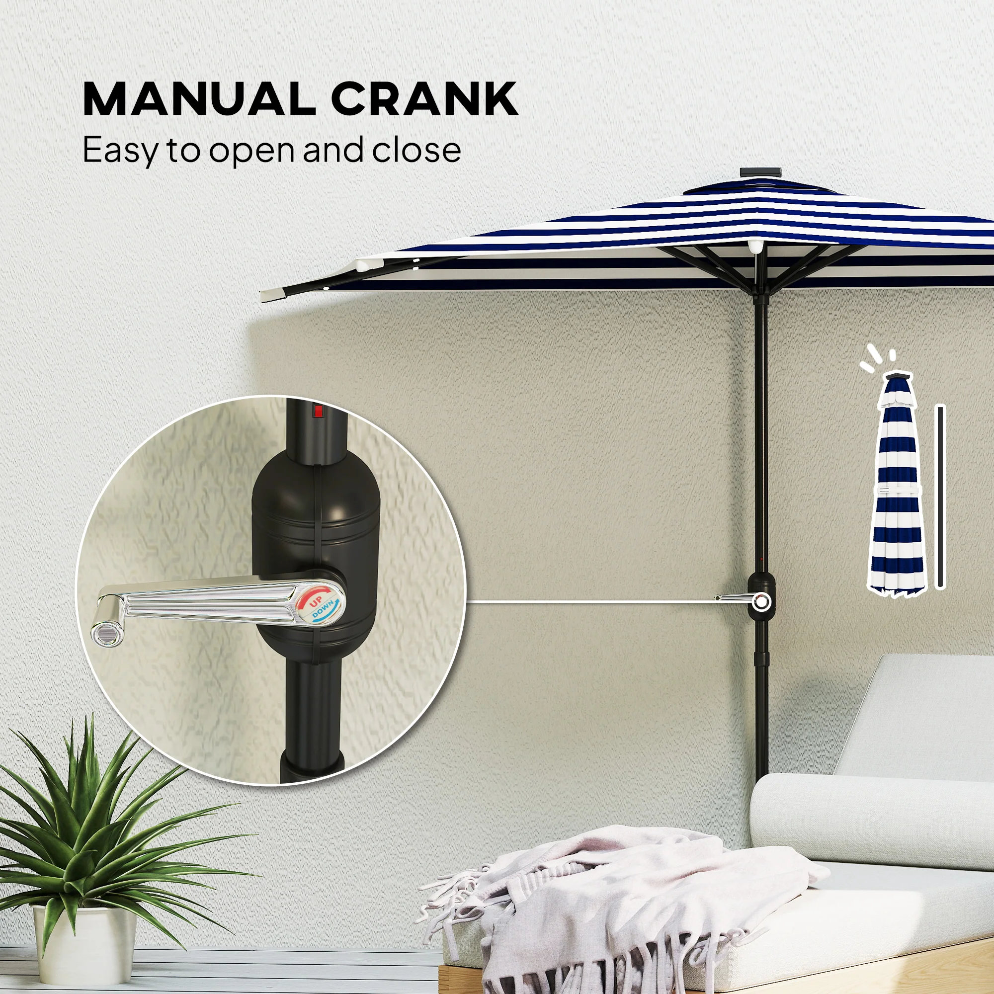 8.5 ft Half Patio Umbrella with UPF 30+ Vented Canopy, Crank Tilt, Navy Blue - Image 9