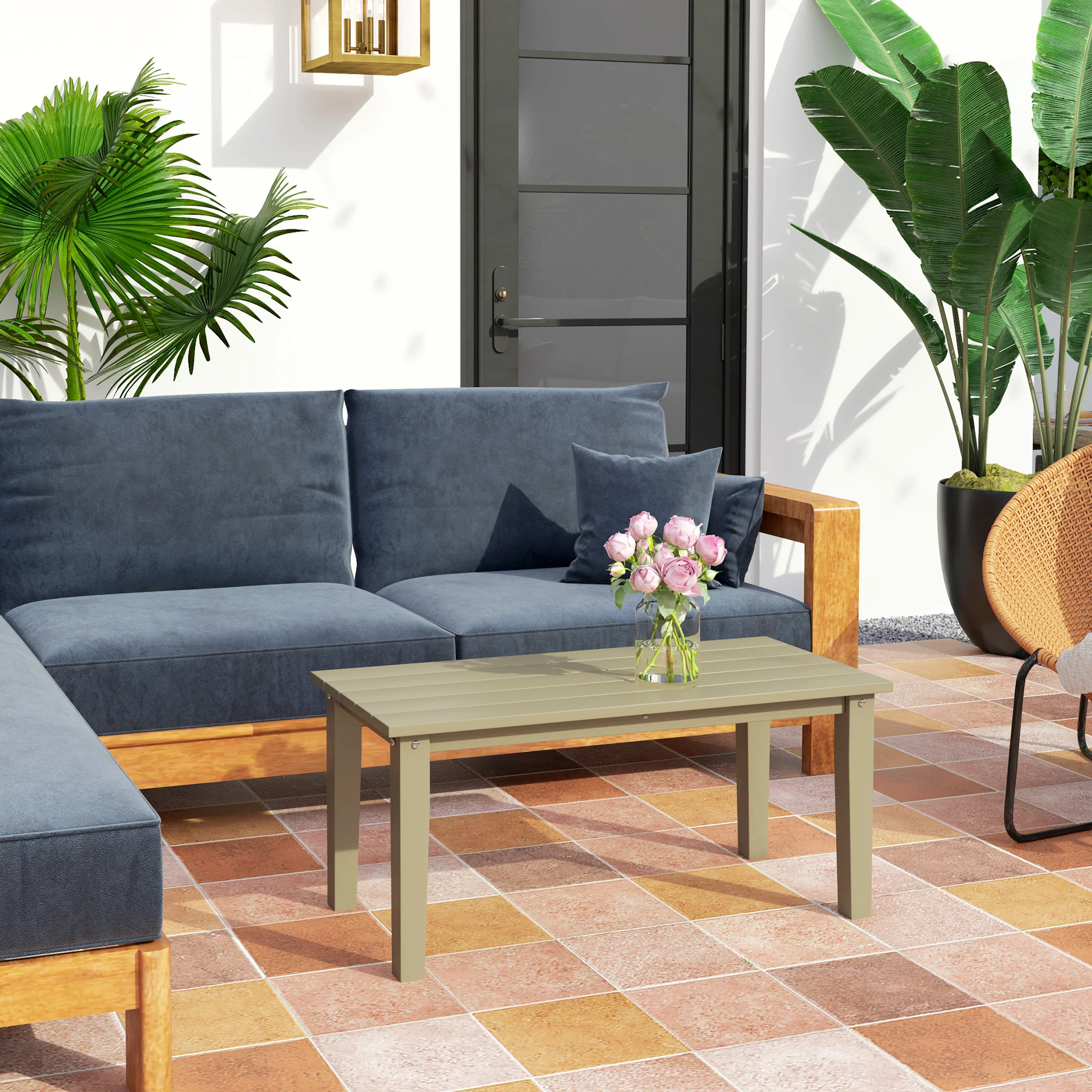 All-Weather HDPE Outdoor Coffee Table with Slatted Tabletop for Garden, Balcony, Backyard, Brown - Image 4