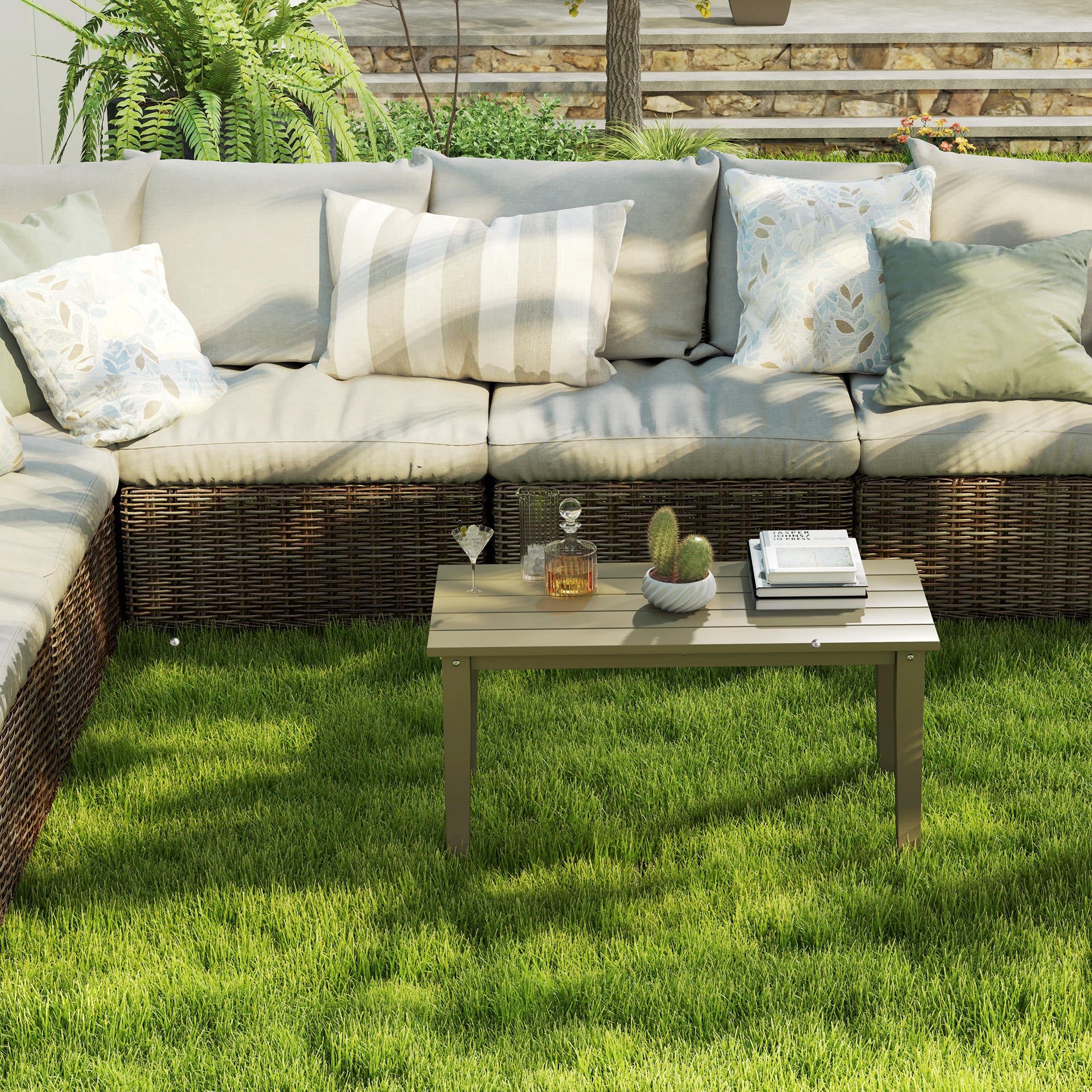 All-Weather HDPE Outdoor Coffee Table with Slatted Tabletop for Garden, Balcony, Backyard, Brown - Image 9