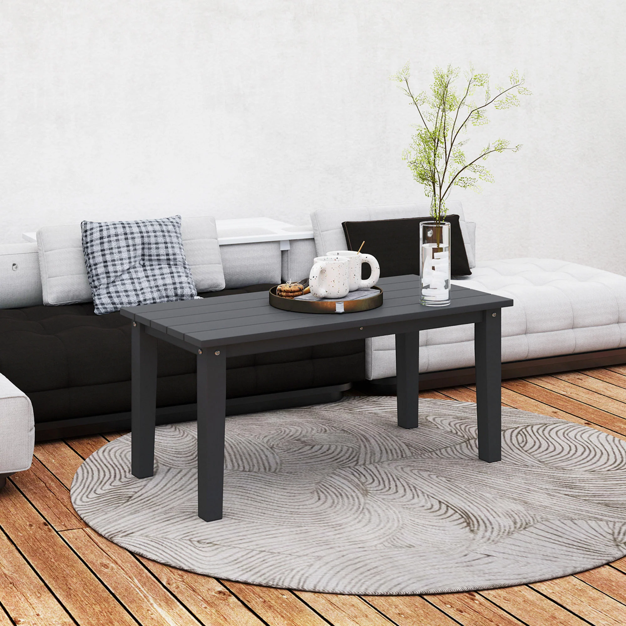 All-Weather HDPE Outdoor Coffee Table with Slatted Tabletop for Garden, Balcony, Backyard, Black - Image 10