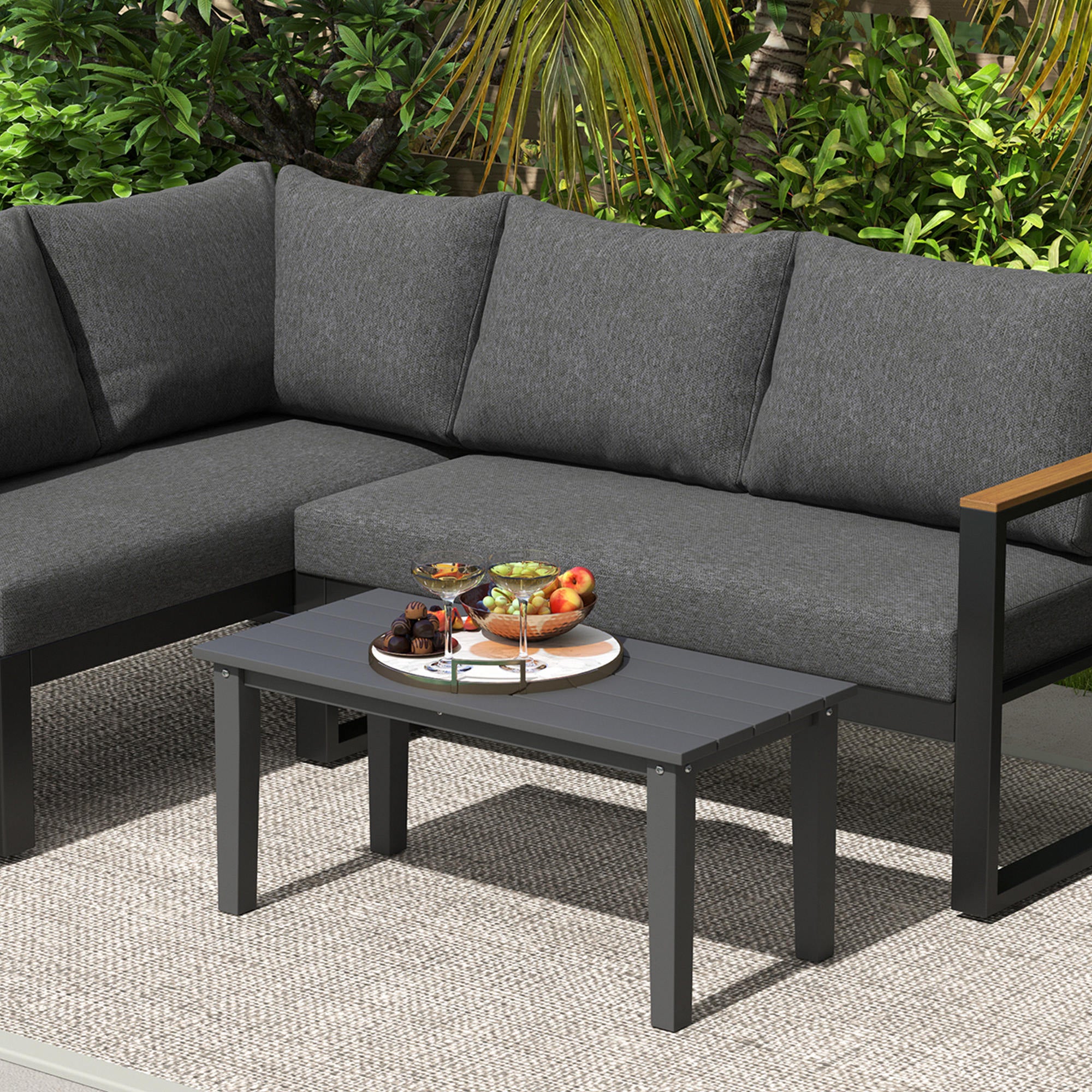 All-Weather HDPE Outdoor Coffee Table with Slatted Tabletop for Garden, Balcony, Backyard, Black - Image 11