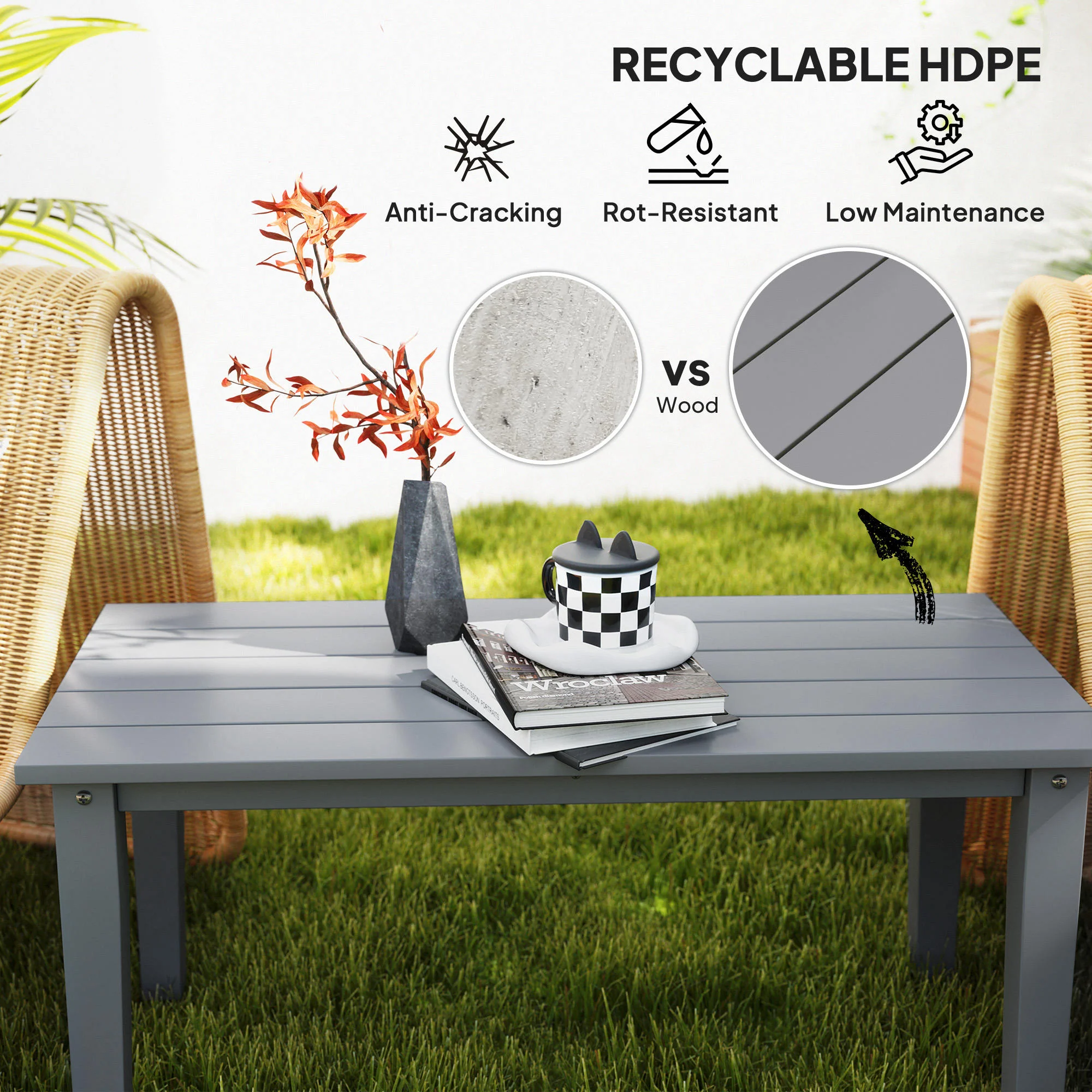All-Weather HDPE Outdoor Coffee Table with Slatted Tabletop for Garden, Balcony, Backyard, Gray - Image 6