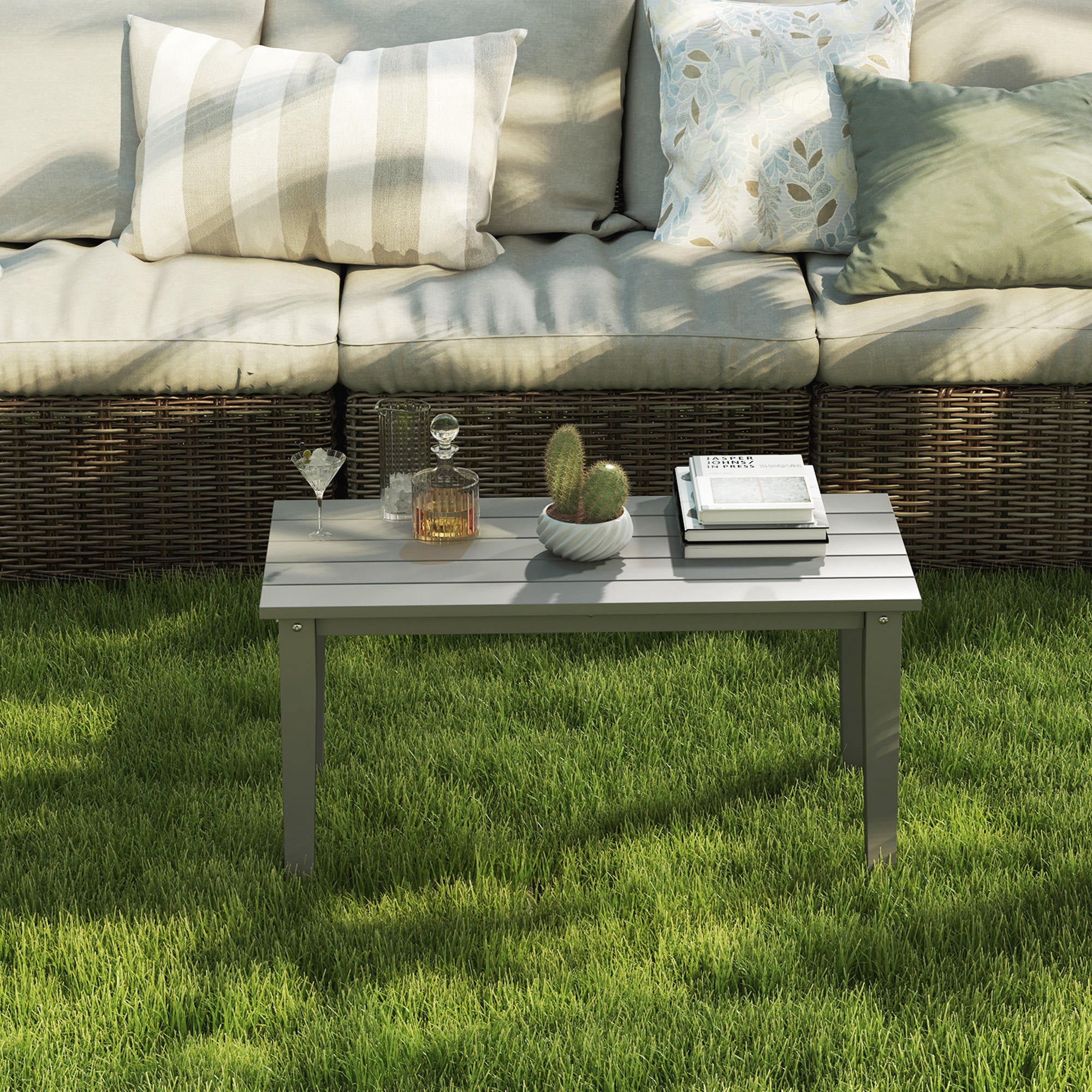 All-Weather HDPE Outdoor Coffee Table with Slatted Tabletop for Garden, Balcony, Backyard, Gray - Image 9