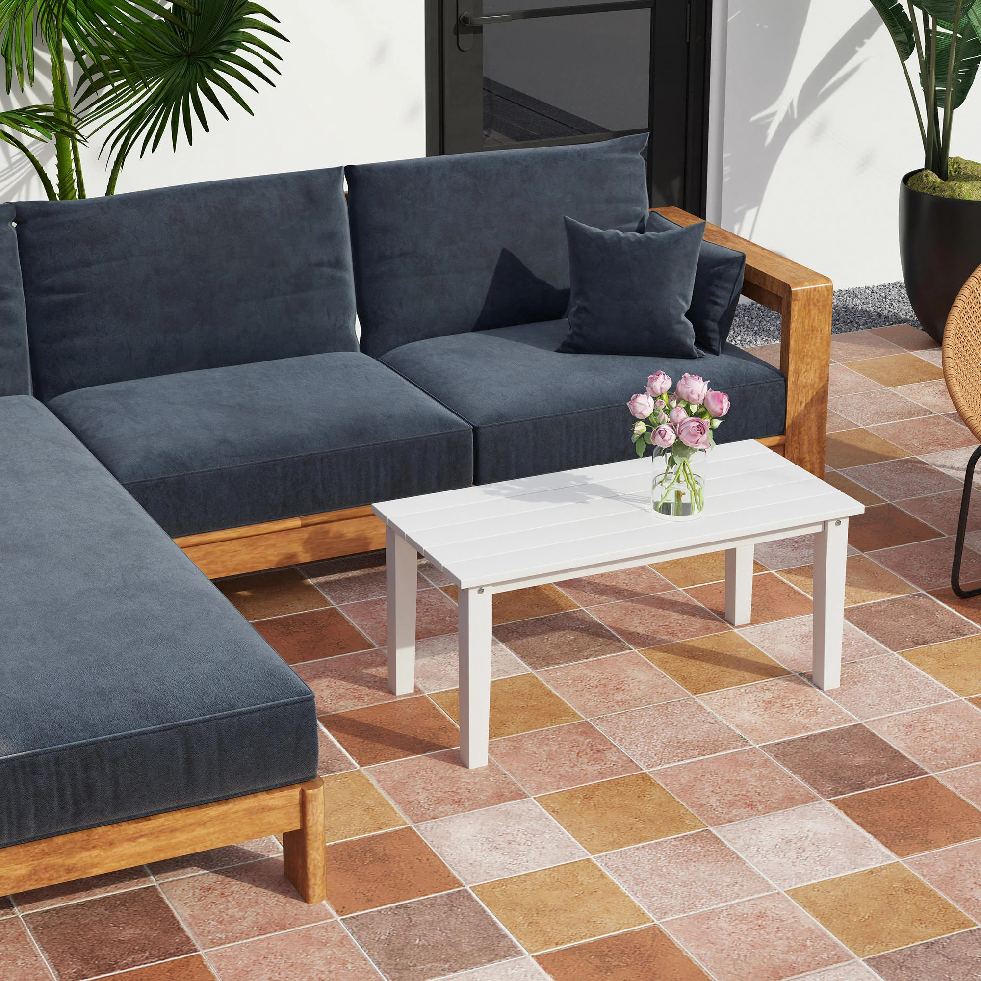 All-Weather HDPE Outdoor Coffee Table with Slatted Tabletop for Garden, Balcony, Backyard, White - Image 11