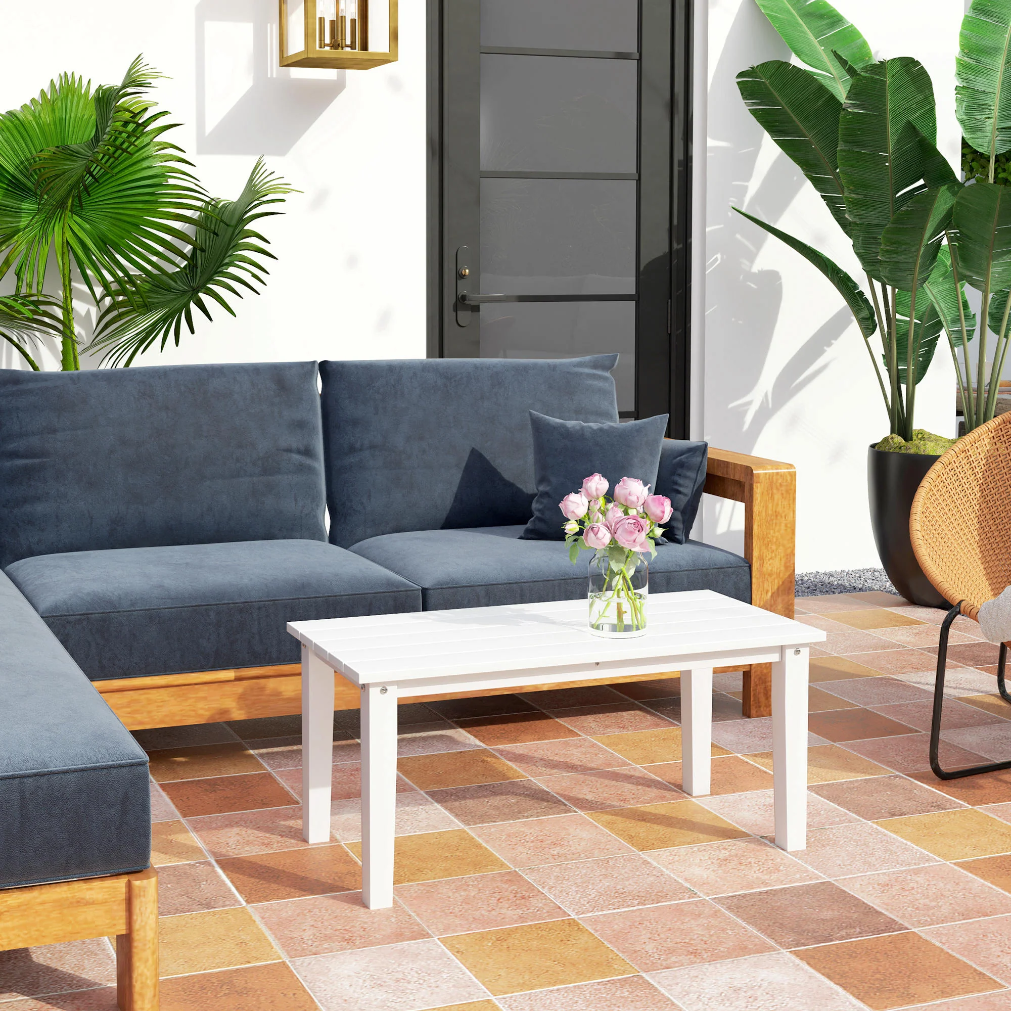 All-Weather HDPE Outdoor Coffee Table with Slatted Tabletop for Garden, Balcony, Backyard, White - Image 4