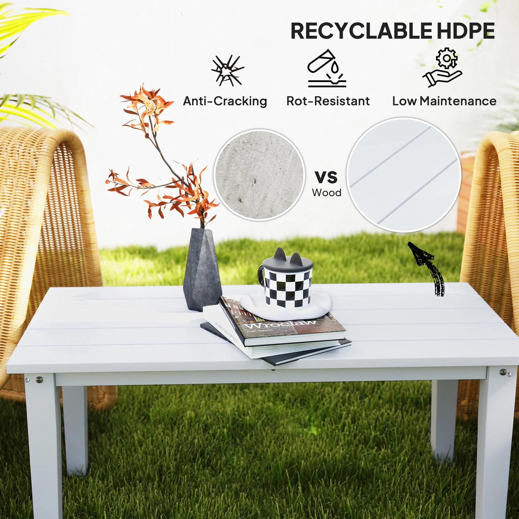 All-Weather HDPE Outdoor Coffee Table with Slatted Tabletop for Garden, Balcony, Backyard, White - Image 6