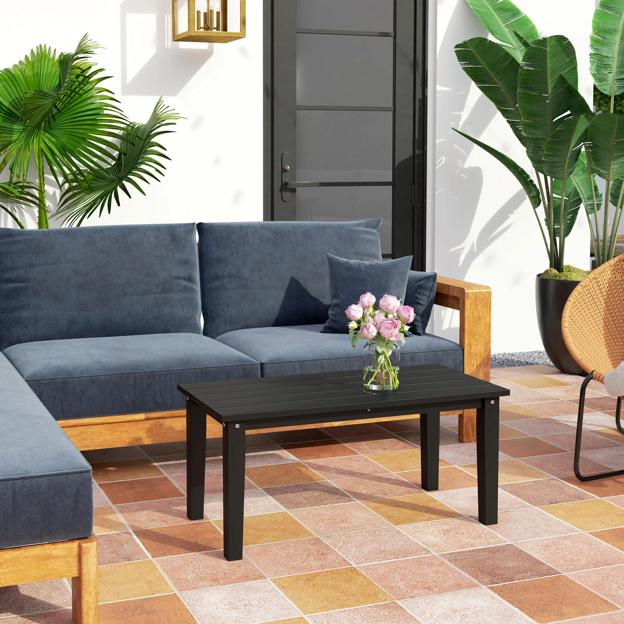 All-Weather HDPE Outdoor Coffee Table with Slatted Tabletop for Garden, Balcony, Backyard, Black - Image 4