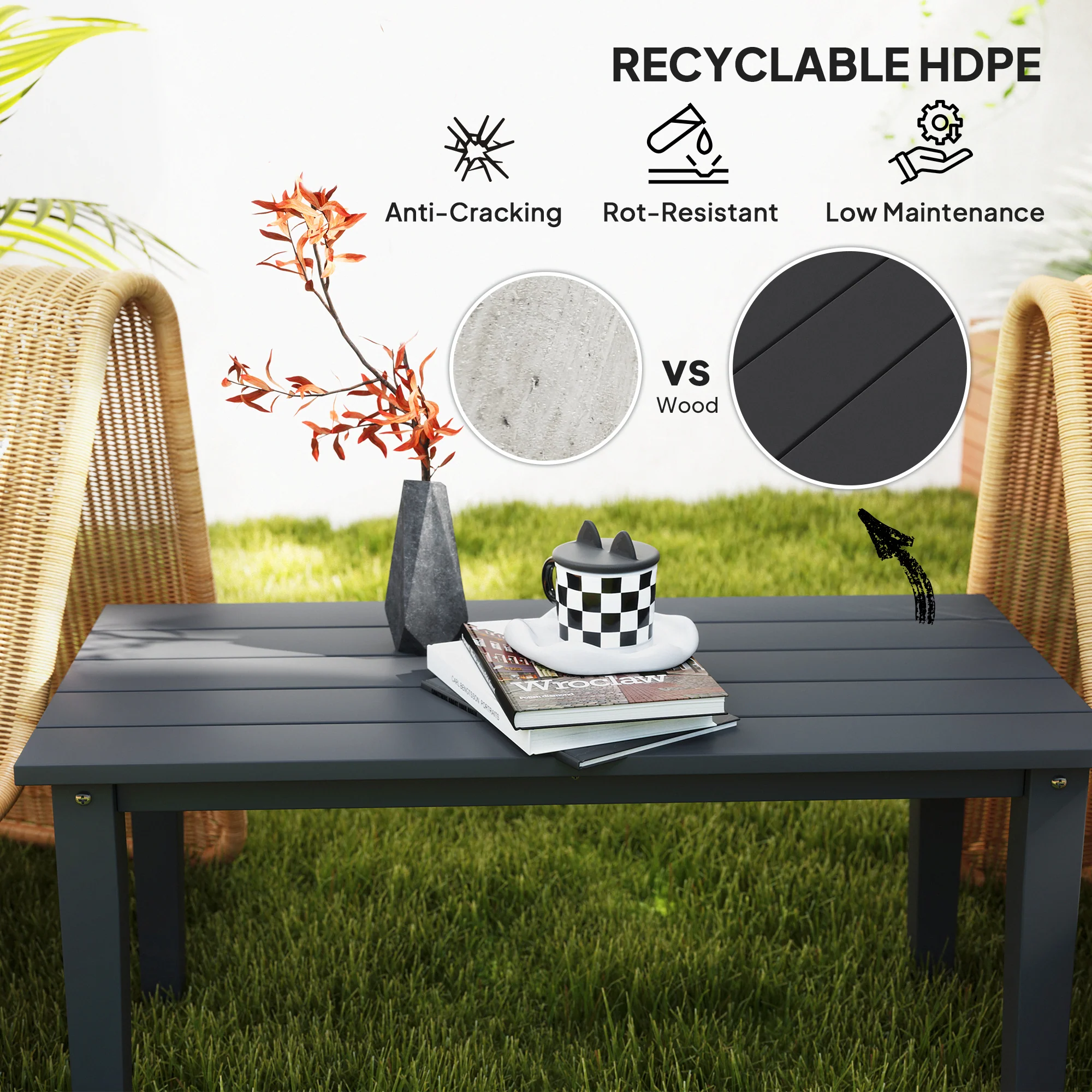 All-Weather HDPE Outdoor Coffee Table with Slatted Tabletop for Garden, Balcony, Backyard, Black - Image 6