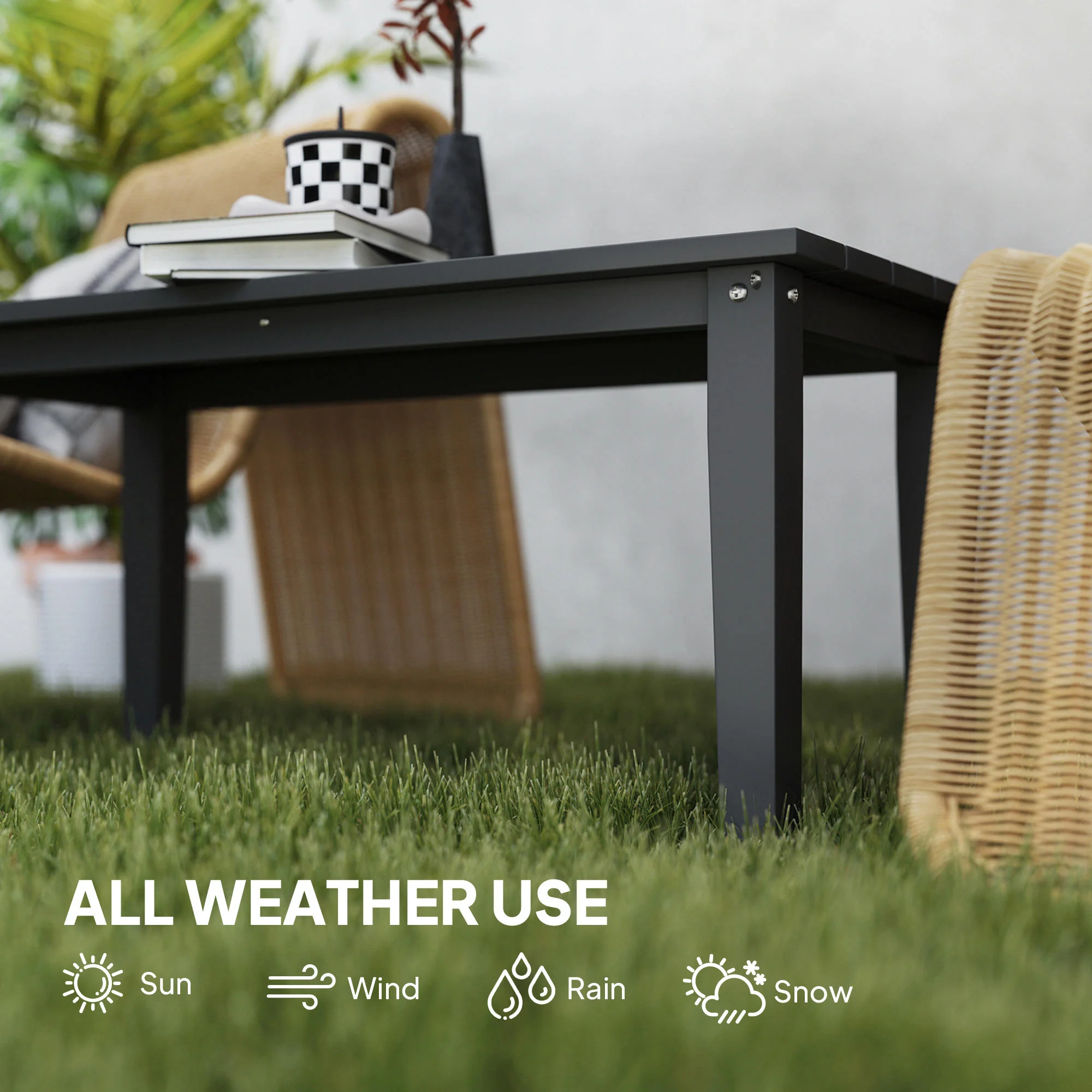 All-Weather HDPE Outdoor Coffee Table with Slatted Tabletop for Garden, Balcony, Backyard, Black - Image 8