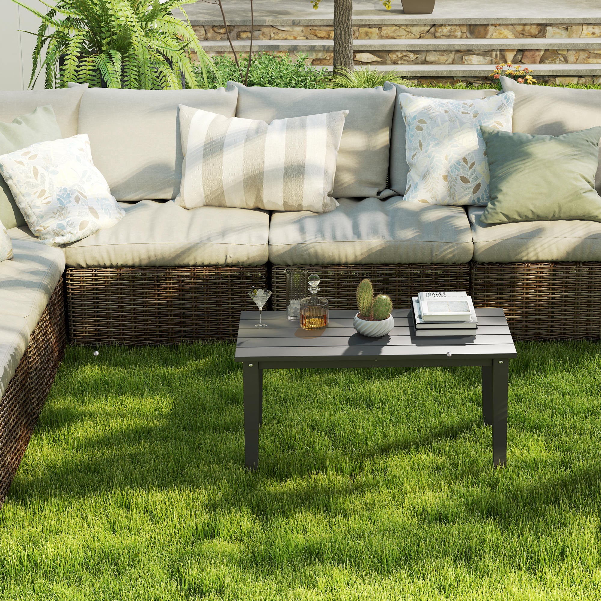 All-Weather HDPE Outdoor Coffee Table with Slatted Tabletop for Garden, Balcony, Backyard, Black - Image 9