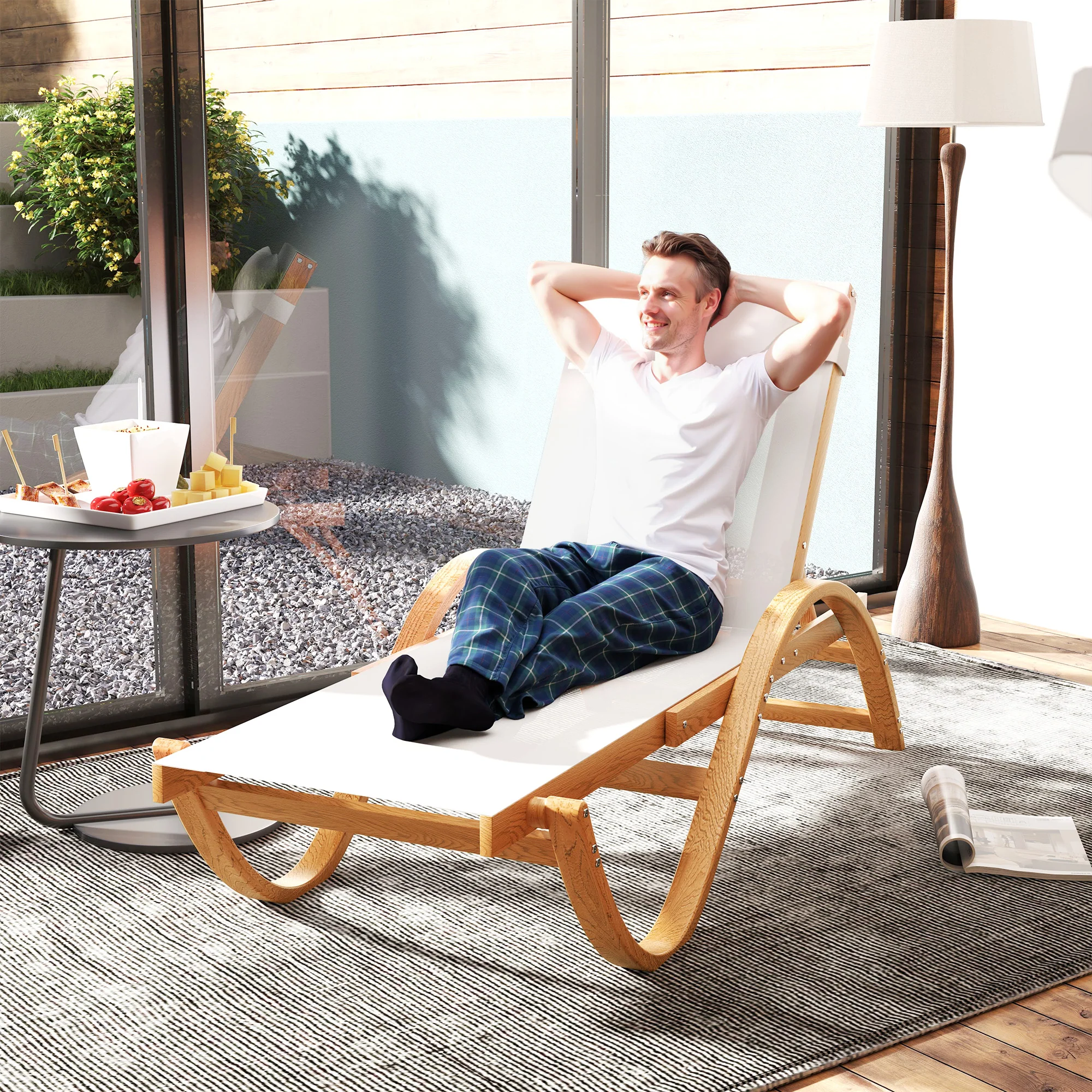 Larch Wood Patio Chaise, 4-Level Adjustable Sun Lounger with Mesh Seat, Cream White - Image 10