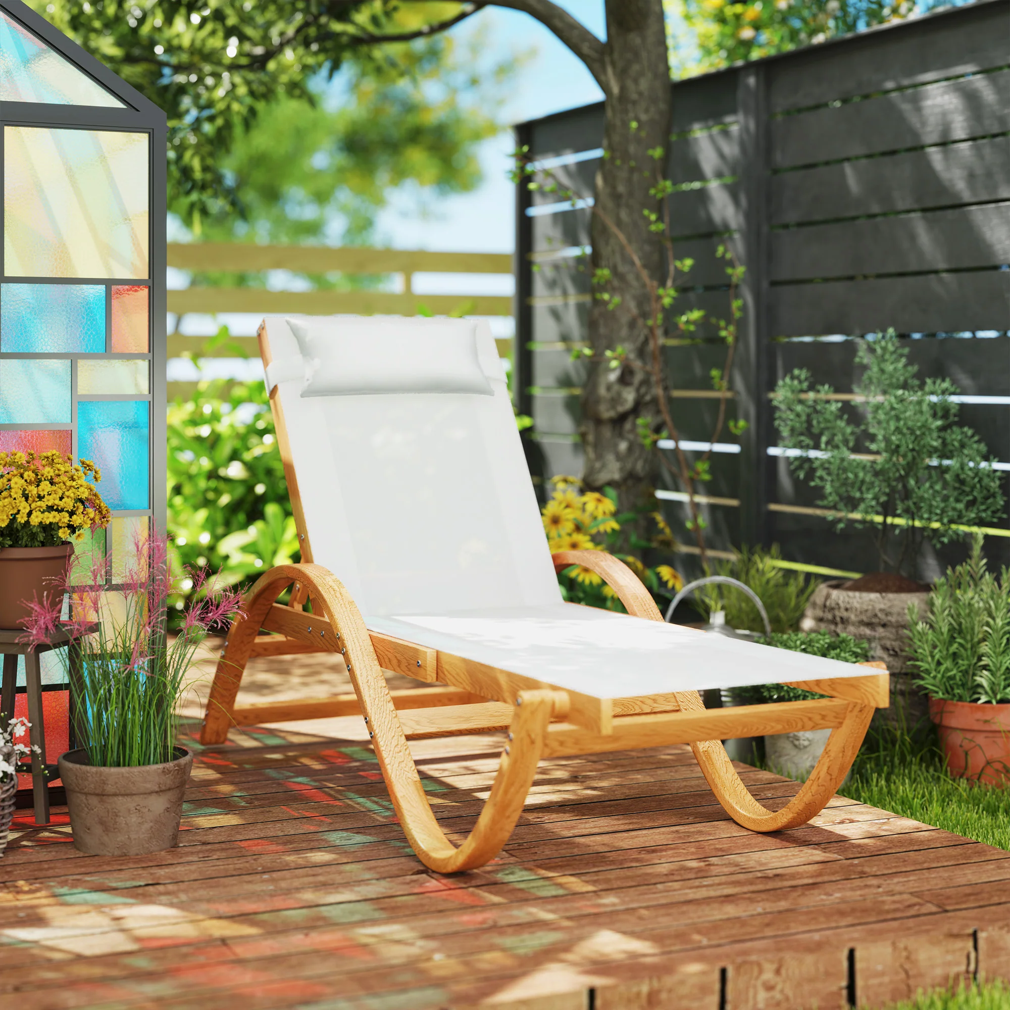 Larch Wood Patio Chaise, 4-Level Adjustable Sun Lounger with Mesh Seat, Cream White - Image 11