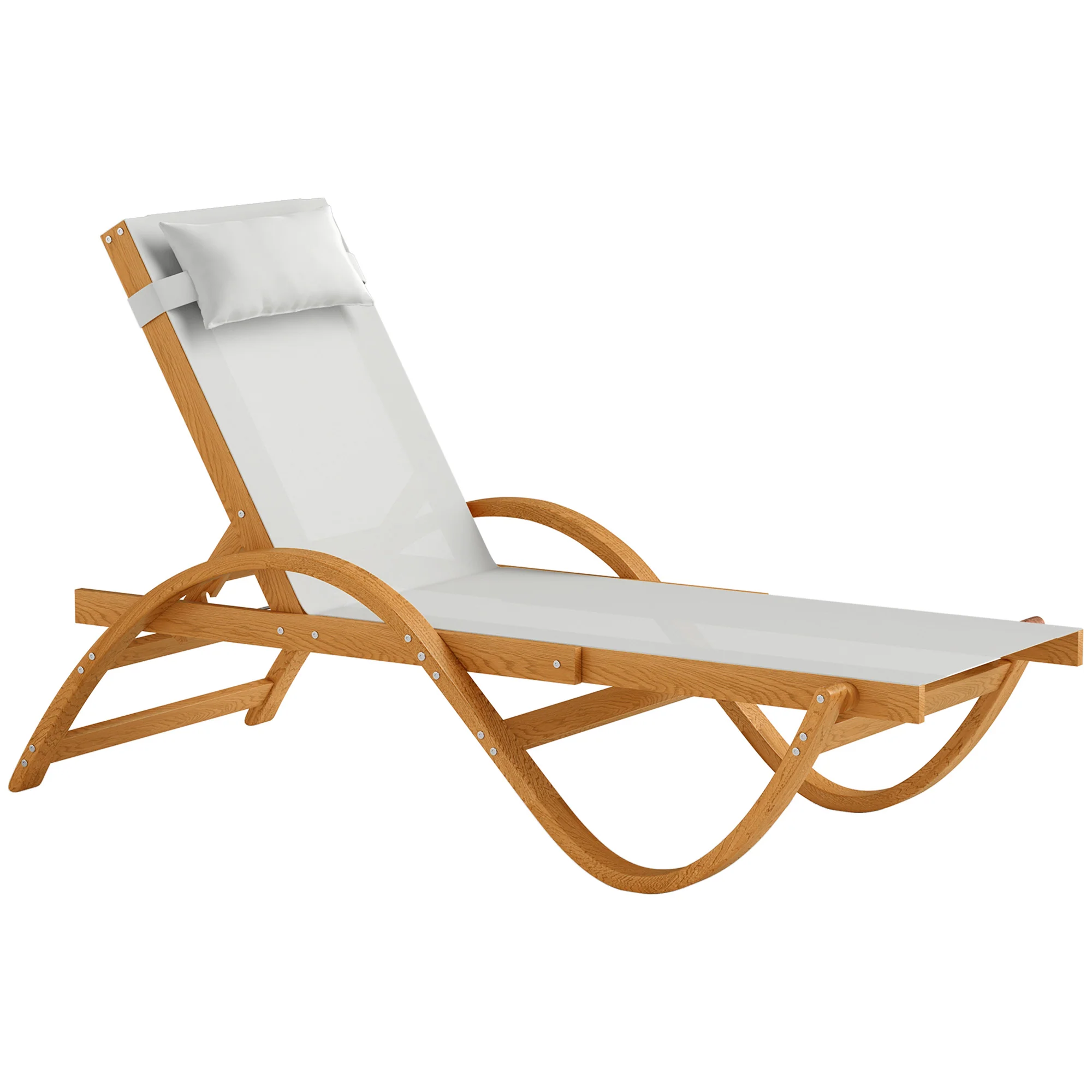 Larch Wood Patio Chaise, 4-Level Adjustable Sun Lounger with Mesh Seat, Cream White - Image 12