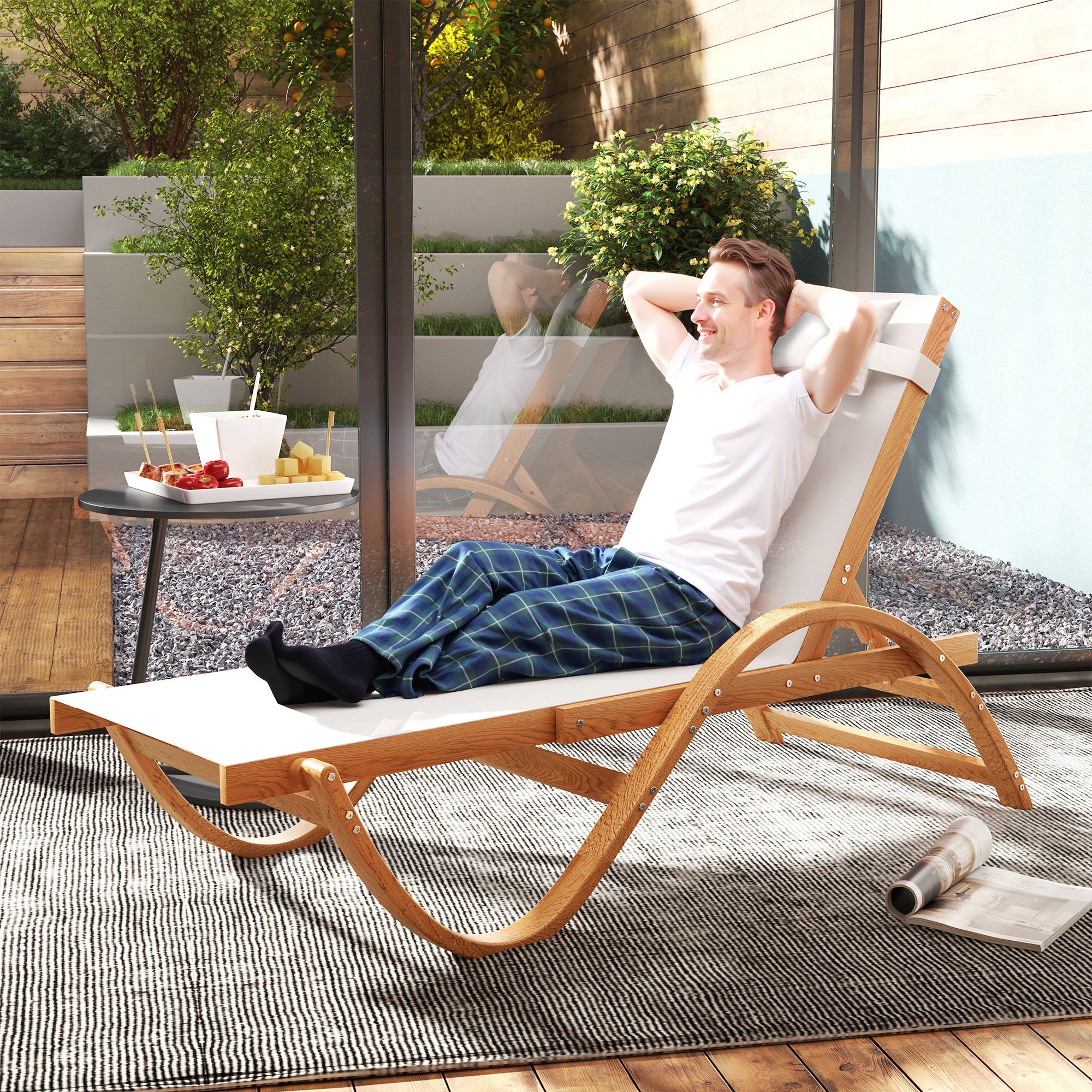 Larch Wood Patio Chaise, 4-Level Adjustable Sun Lounger with Mesh Seat, Cream White - Image 3