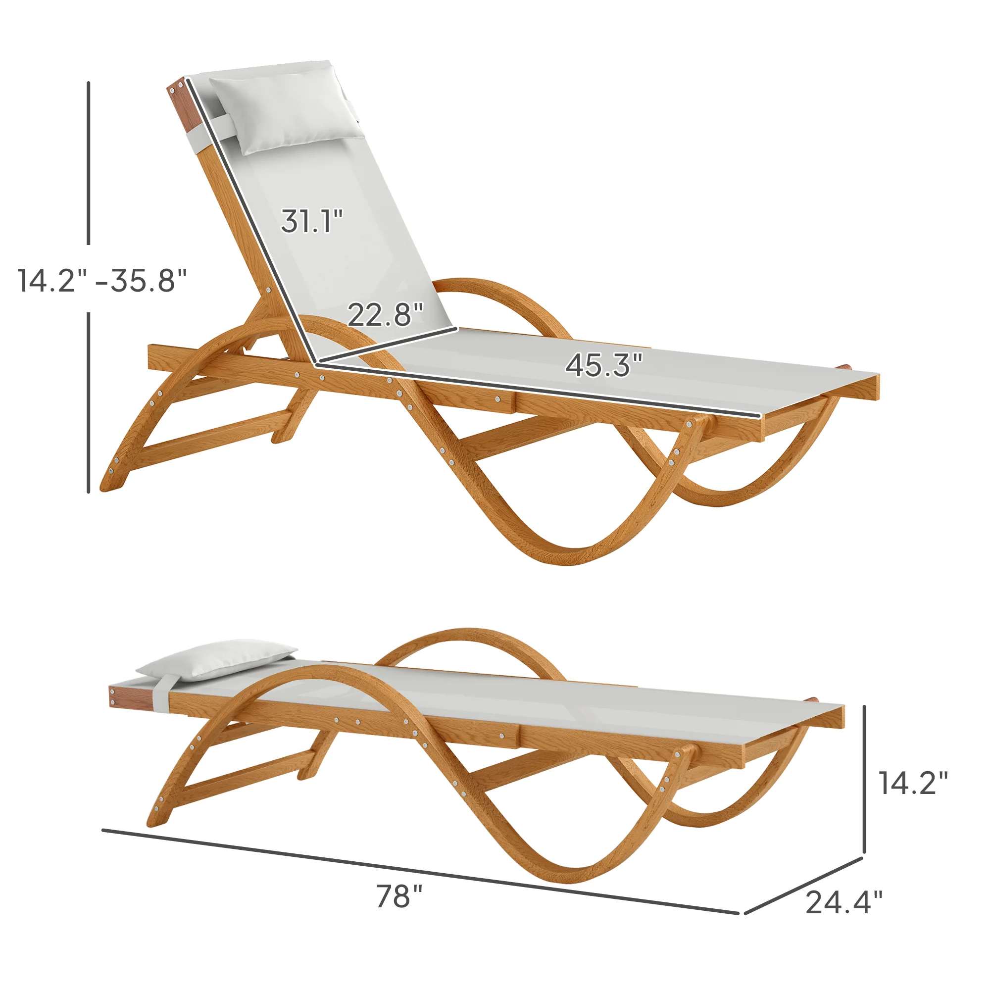Larch Wood Patio Chaise, 4-Level Adjustable Sun Lounger with Mesh Seat, Cream White - Image 5