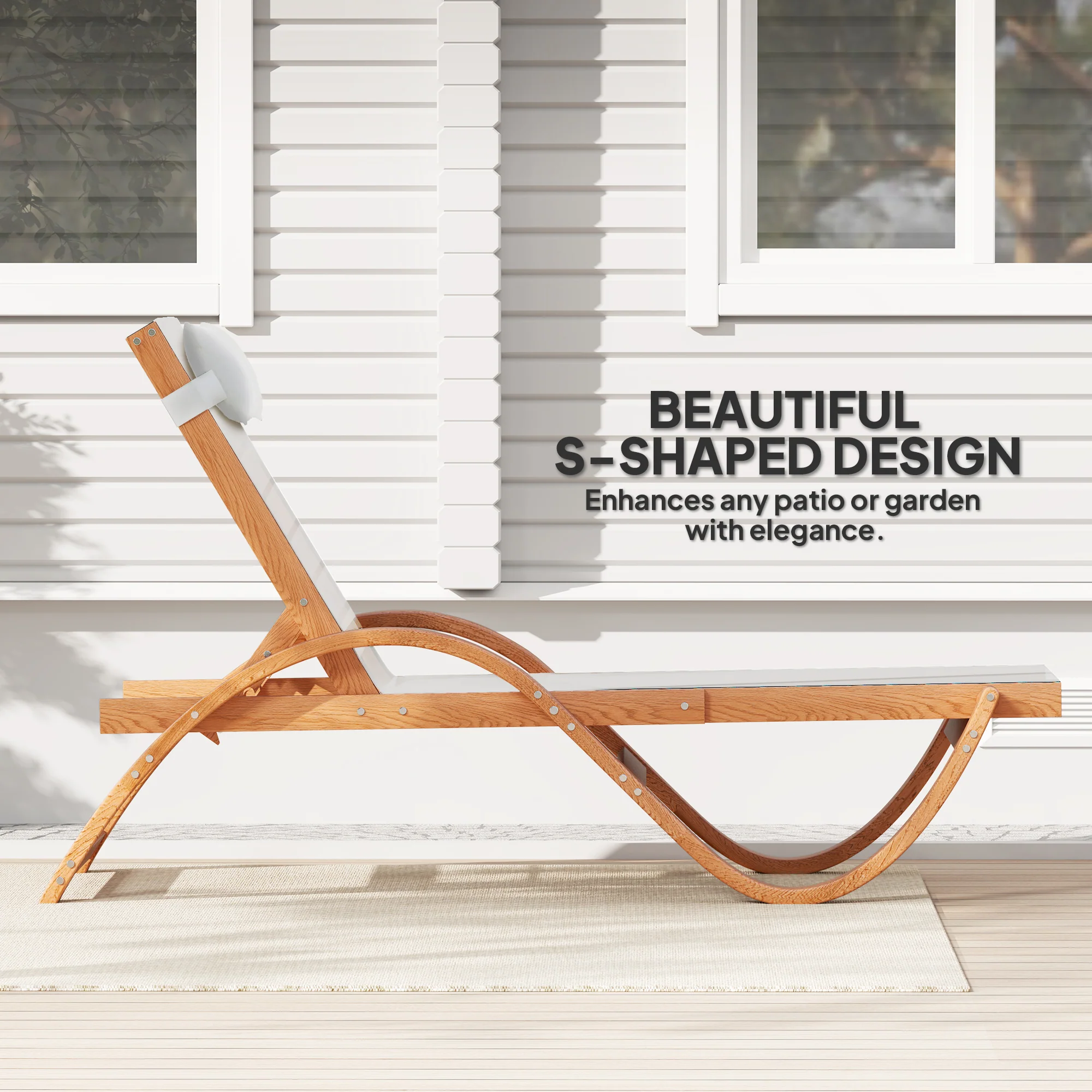 Larch Wood Patio Chaise, 4-Level Adjustable Sun Lounger with Mesh Seat, Cream White - Image 6