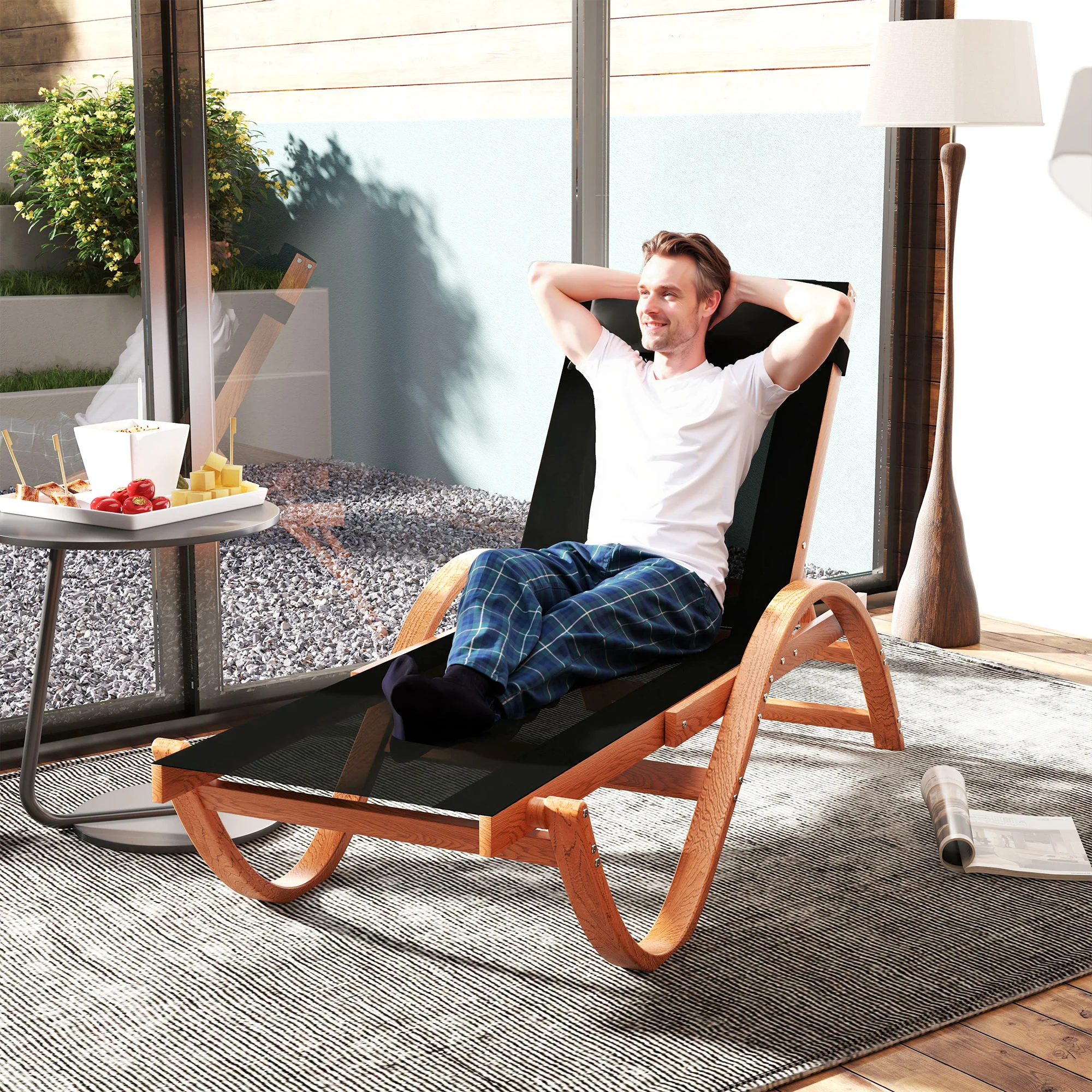 Larch Wood Patio Chaise, 4-Level Adjustable Sun Lounger with Mesh Seat, Black - Image 10