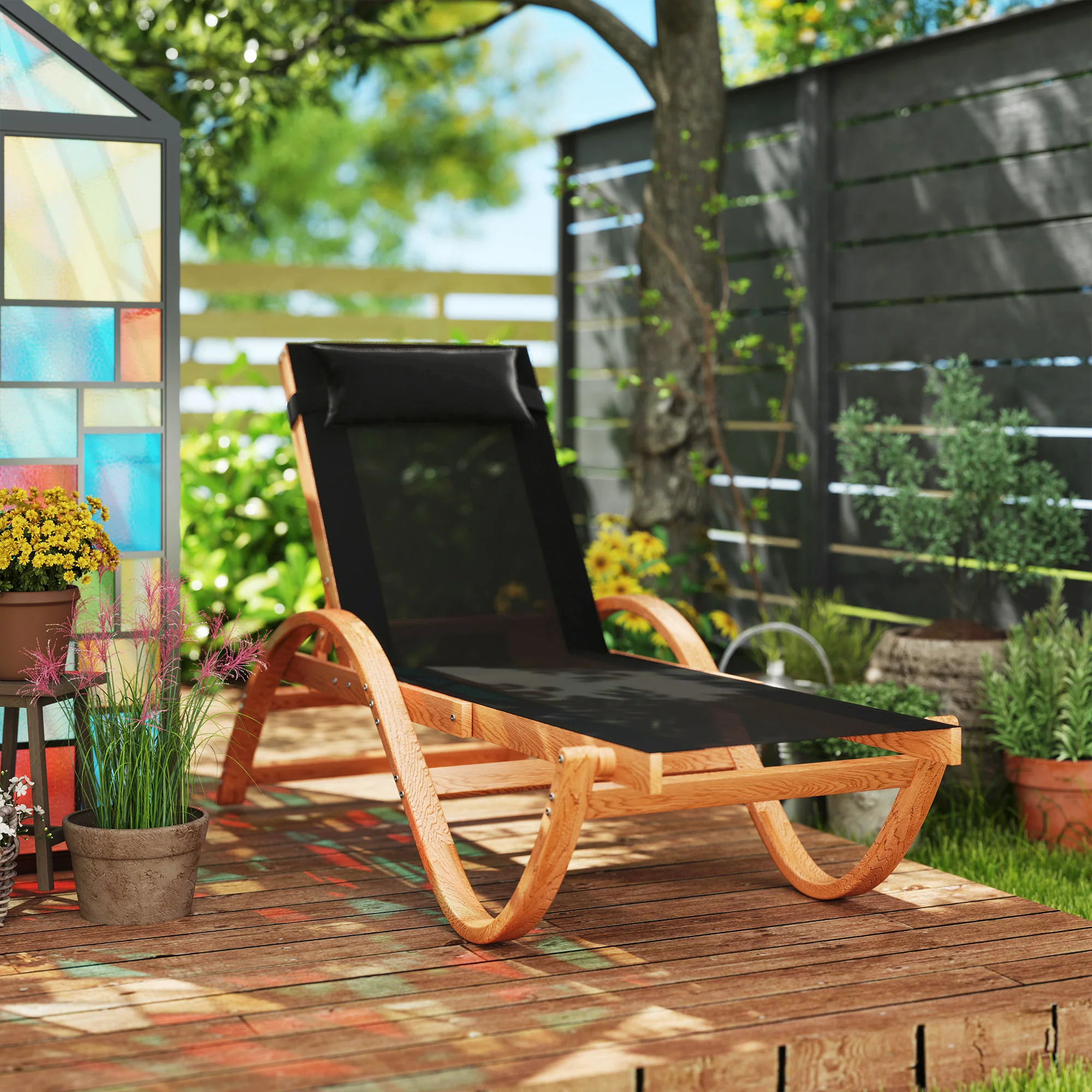 Larch Wood Patio Chaise, 4-Level Adjustable Sun Lounger with Mesh Seat, Black - Image 11