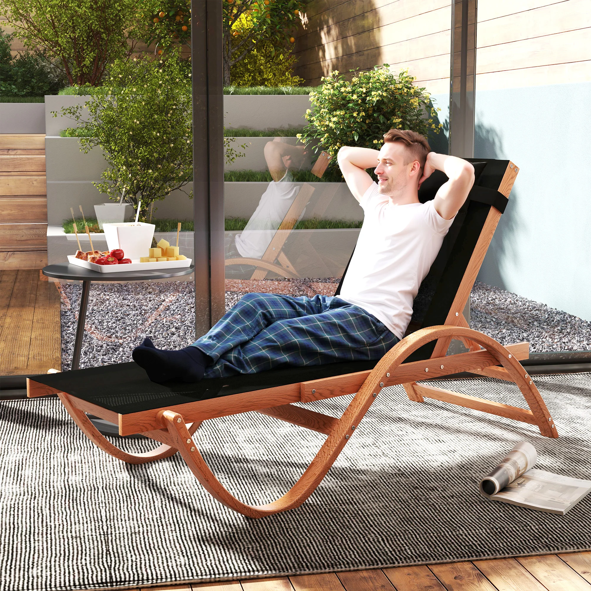 Larch Wood Patio Chaise, 4-Level Adjustable Sun Lounger with Mesh Seat, Black - Image 3