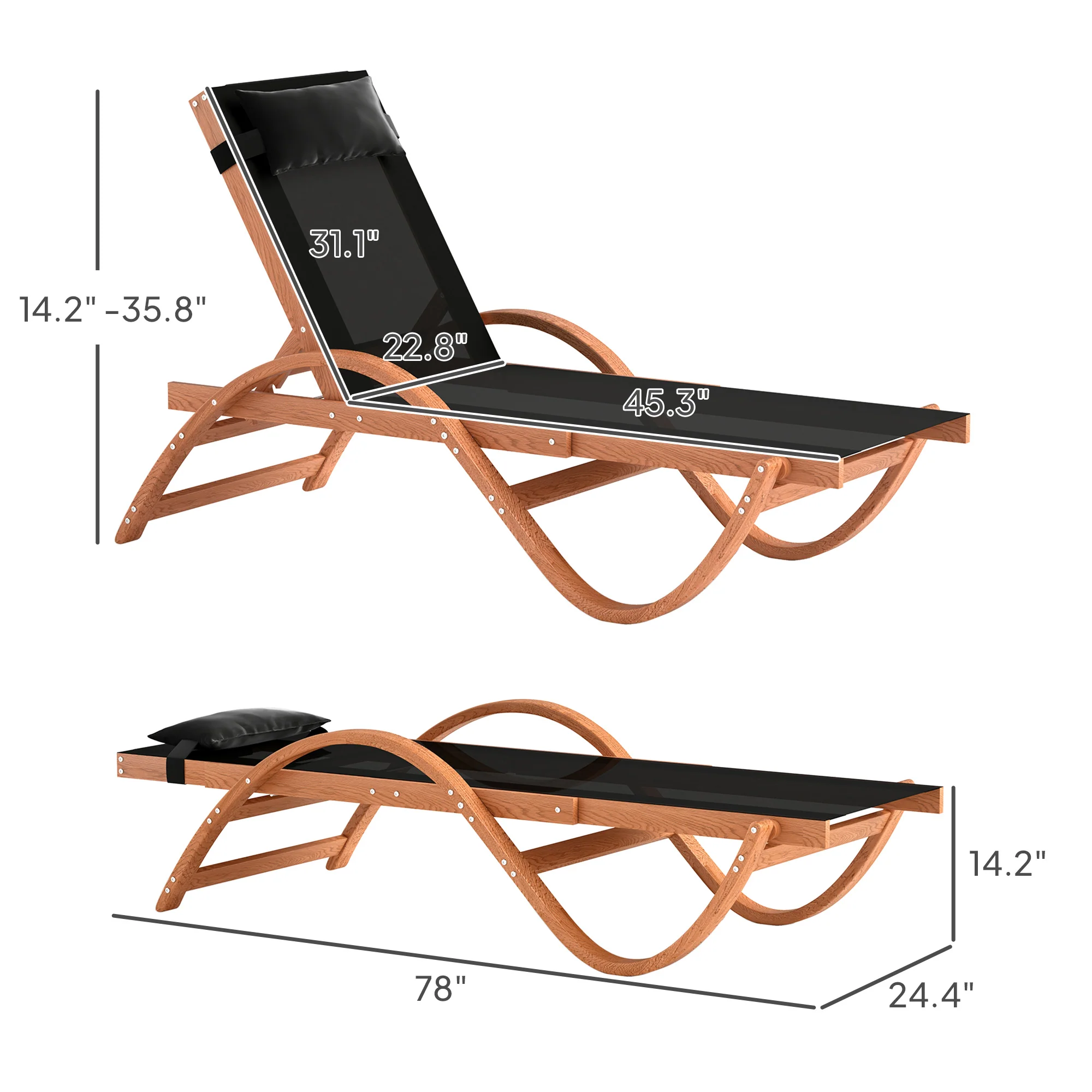 Larch Wood Patio Chaise, 4-Level Adjustable Sun Lounger with Mesh Seat, Black - Image 5