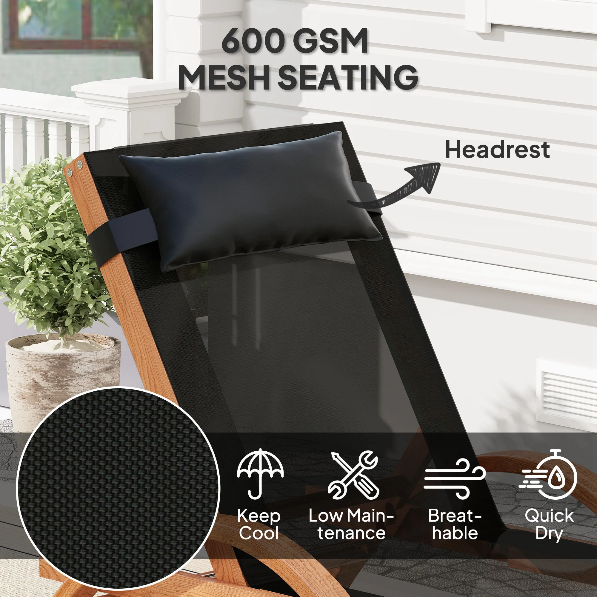 Larch Wood Patio Chaise, 4-Level Adjustable Sun Lounger with Mesh Seat, Black - Image 8