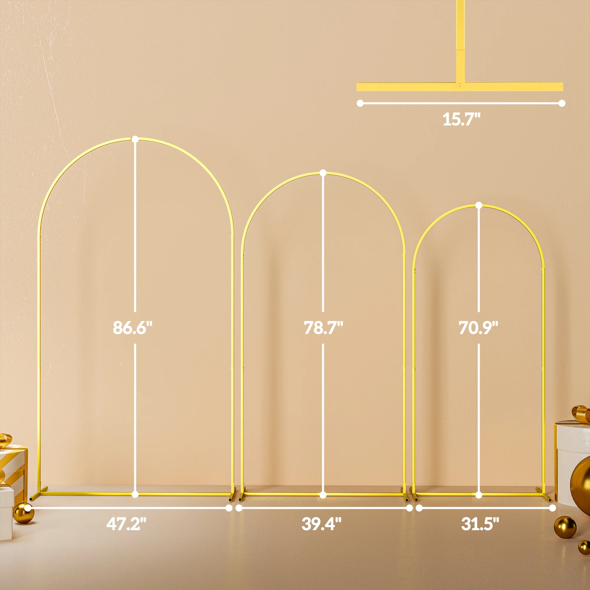 7/6.5/6ft 3-Piece Metal Arch Stand Set for Weddings & Parties, Gold - Image 5