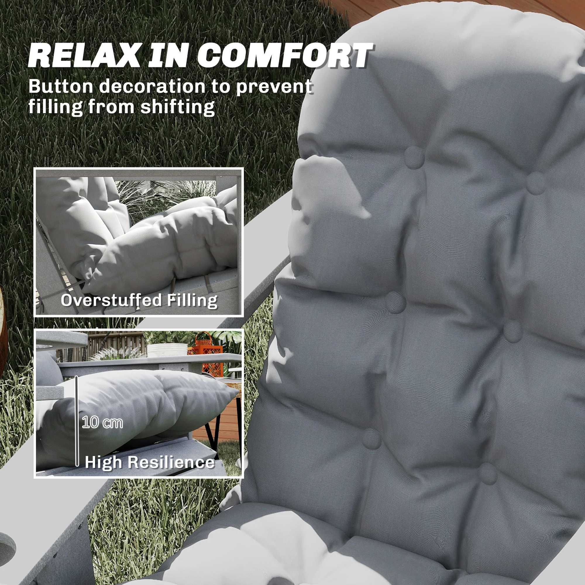 Set of 2 Adirondack Chair Cushions, Tufted High Back, Non-Slip, Gray - Image 6