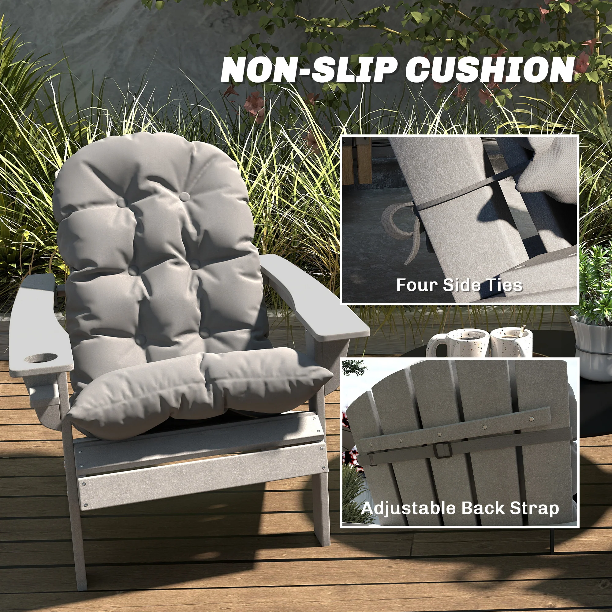 Set of 2 Adirondack Chair Cushions, Tufted High Back, Non-Slip, Gray - Image 8