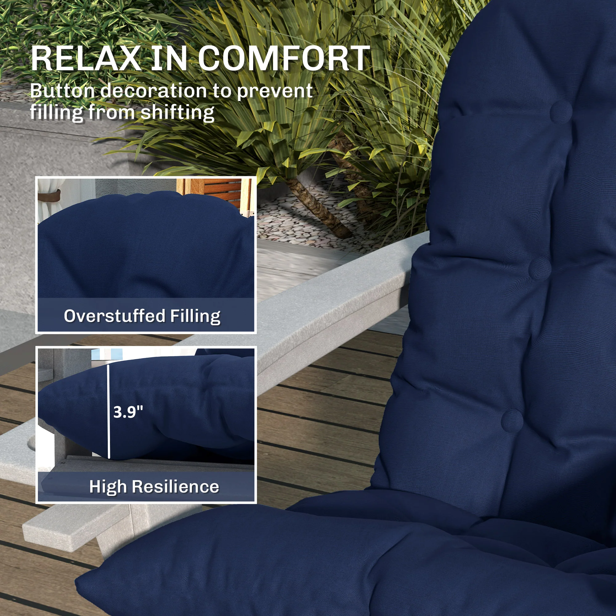 Set of 2 Adirondack Chair Cushions, Tufted High Back, Non-Slip, Navy Blue - Image 6