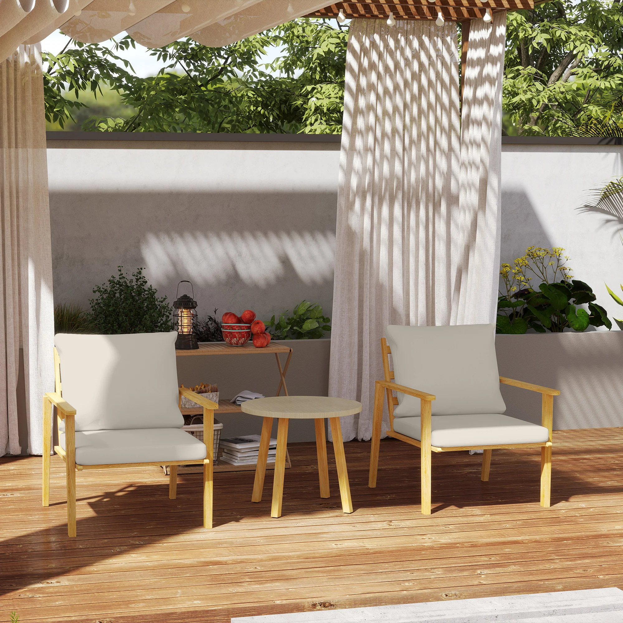 Outdoor Conversation Set, 3-Piece Wood-Look Table & Chairs, Deep Seat with Cushions, Cream White - Image 11