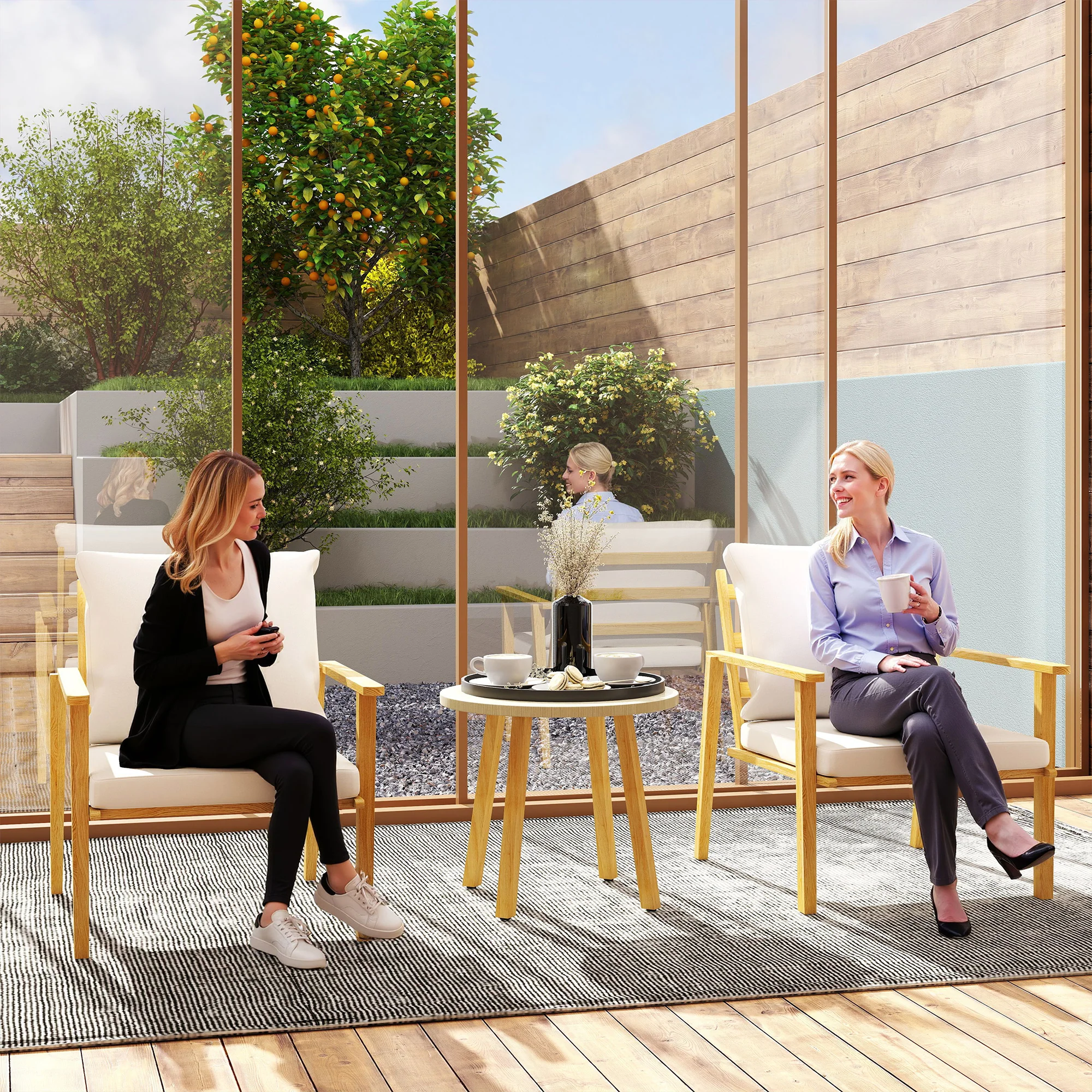 Outdoor Conversation Set, 3-Piece Wood-Look Table & Chairs, Deep Seat with Cushions, Cream White - Image 3