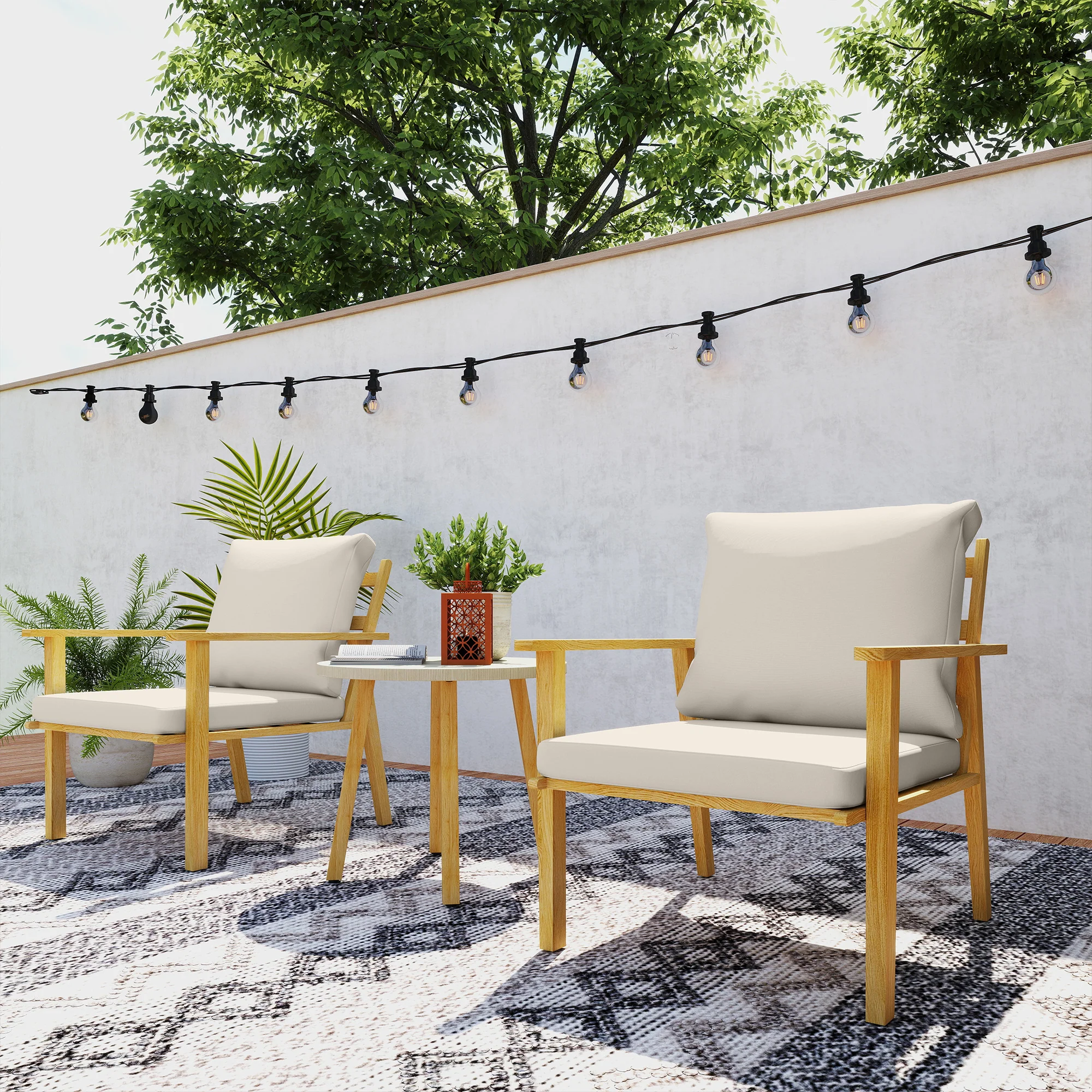 Outdoor Conversation Set, 3-Piece Wood-Look Table & Chairs, Deep Seat with Cushions, Cream White - Image 4