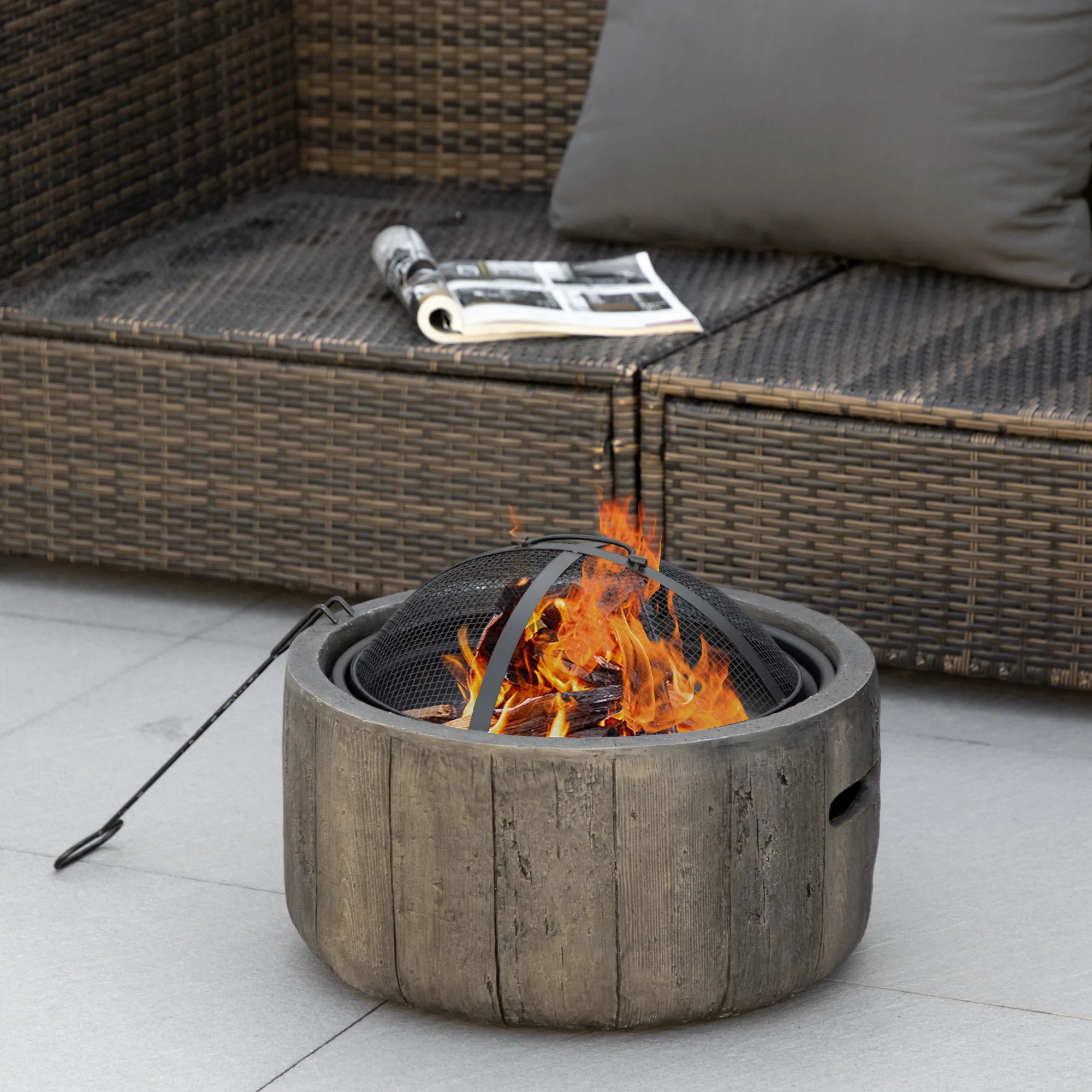18 Inch Metal Wood Burning Fire Pit with Spark Cover, Poker & Woodgrain Design, Dark Brown - Image 4