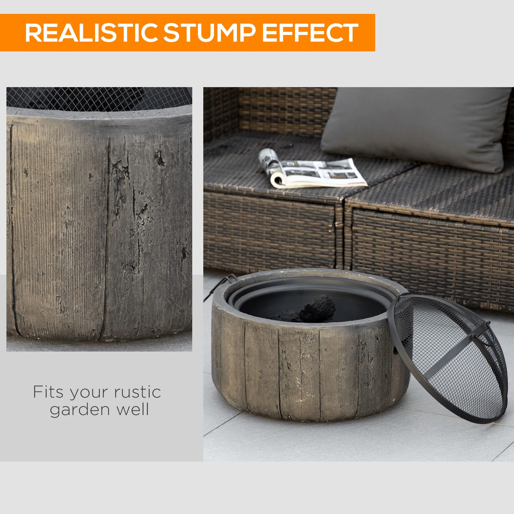 18 Inch Metal Wood Burning Fire Pit with Spark Cover, Poker & Woodgrain Design, Dark Brown - Image 6