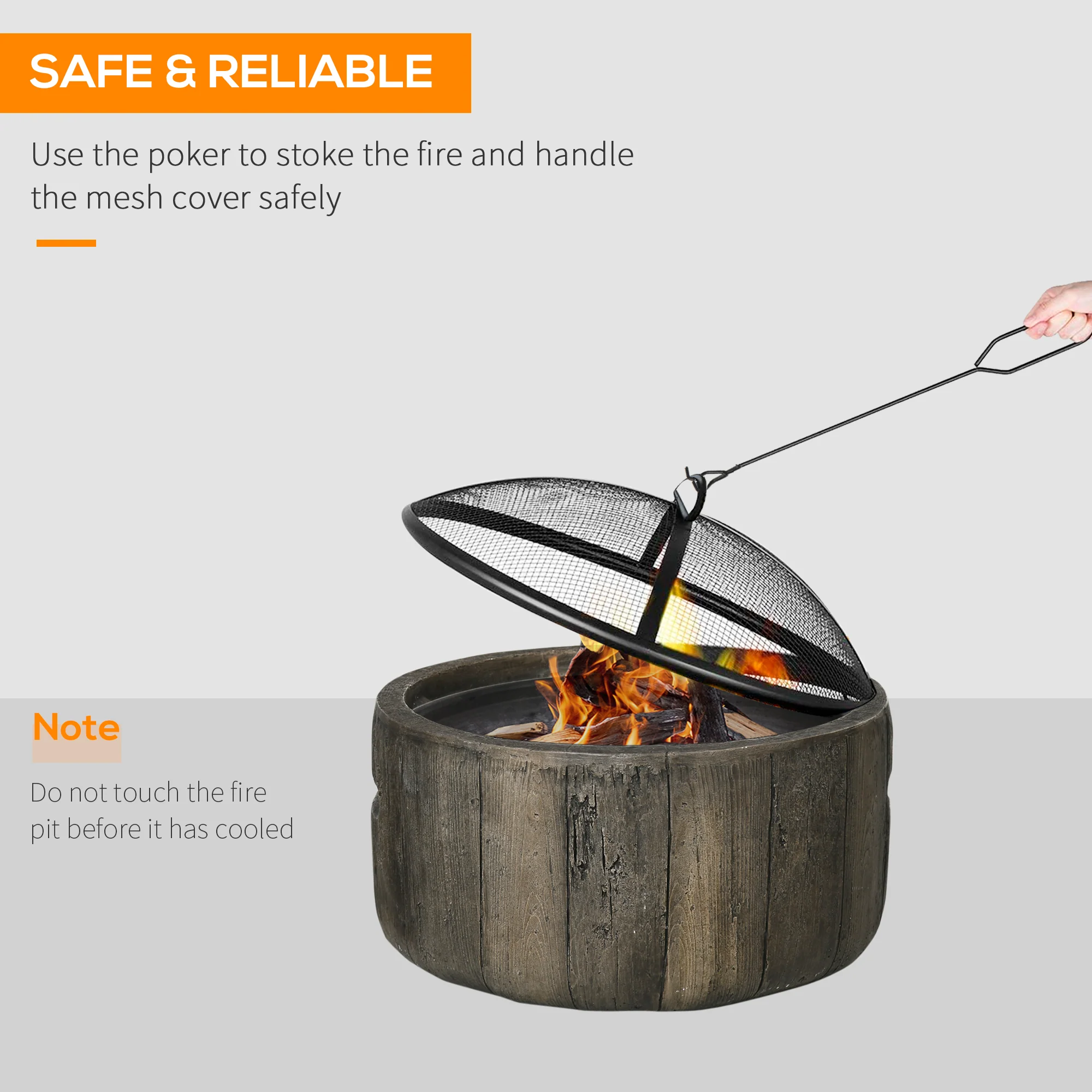 18 Inch Metal Wood Burning Fire Pit with Spark Cover, Poker & Woodgrain Design, Dark Brown - Image 7