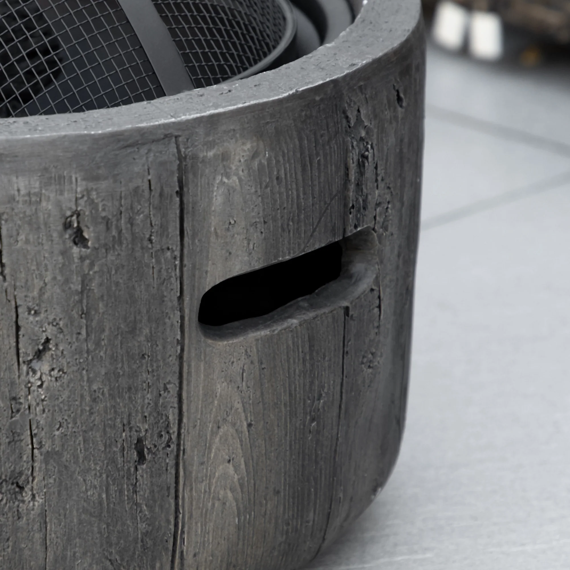 18 Inch Metal Wood Burning Fire Pit with Spark Cover, Poker & Woodgrain Design, Dark Brown - Image 9