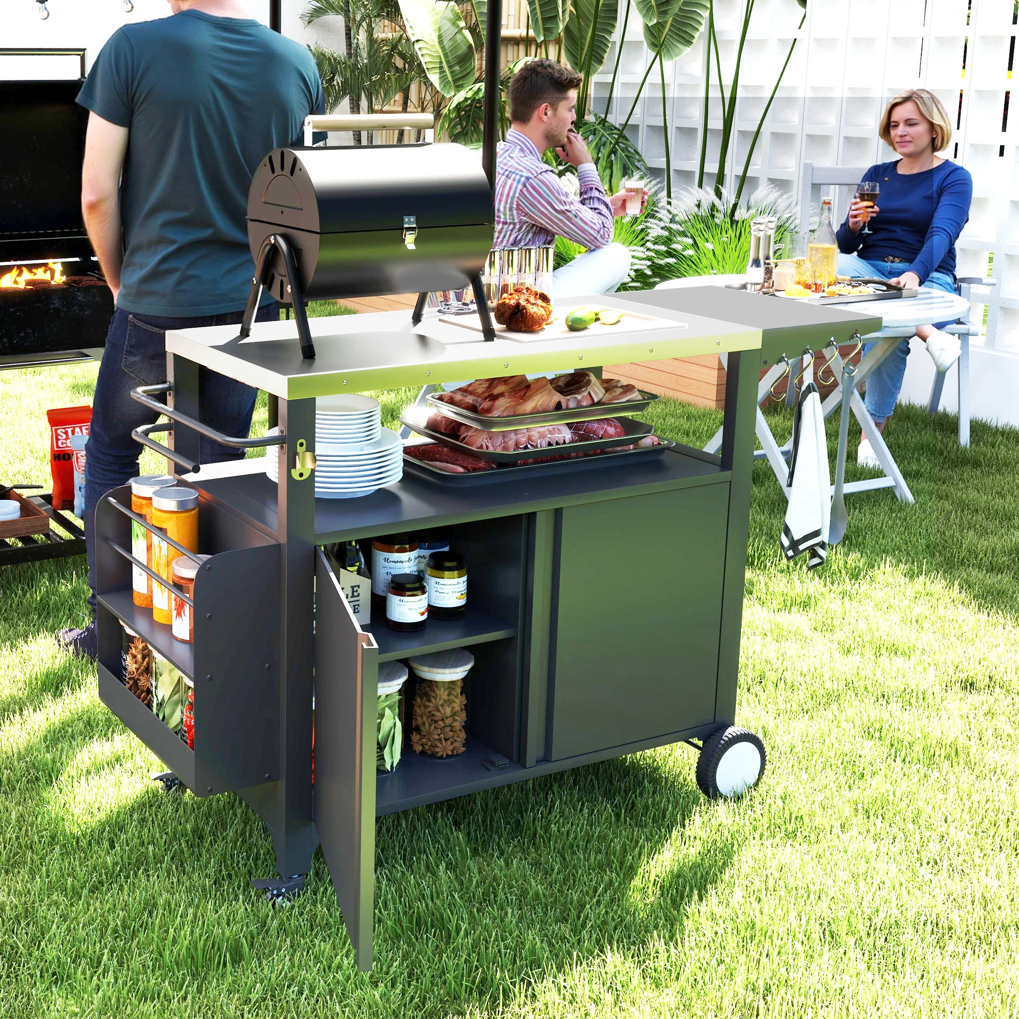 Outdoor Movable Grill Cart with Stainless Steel Top & Foldable Side Shelf, 37.8" x 18.1" - Image 4