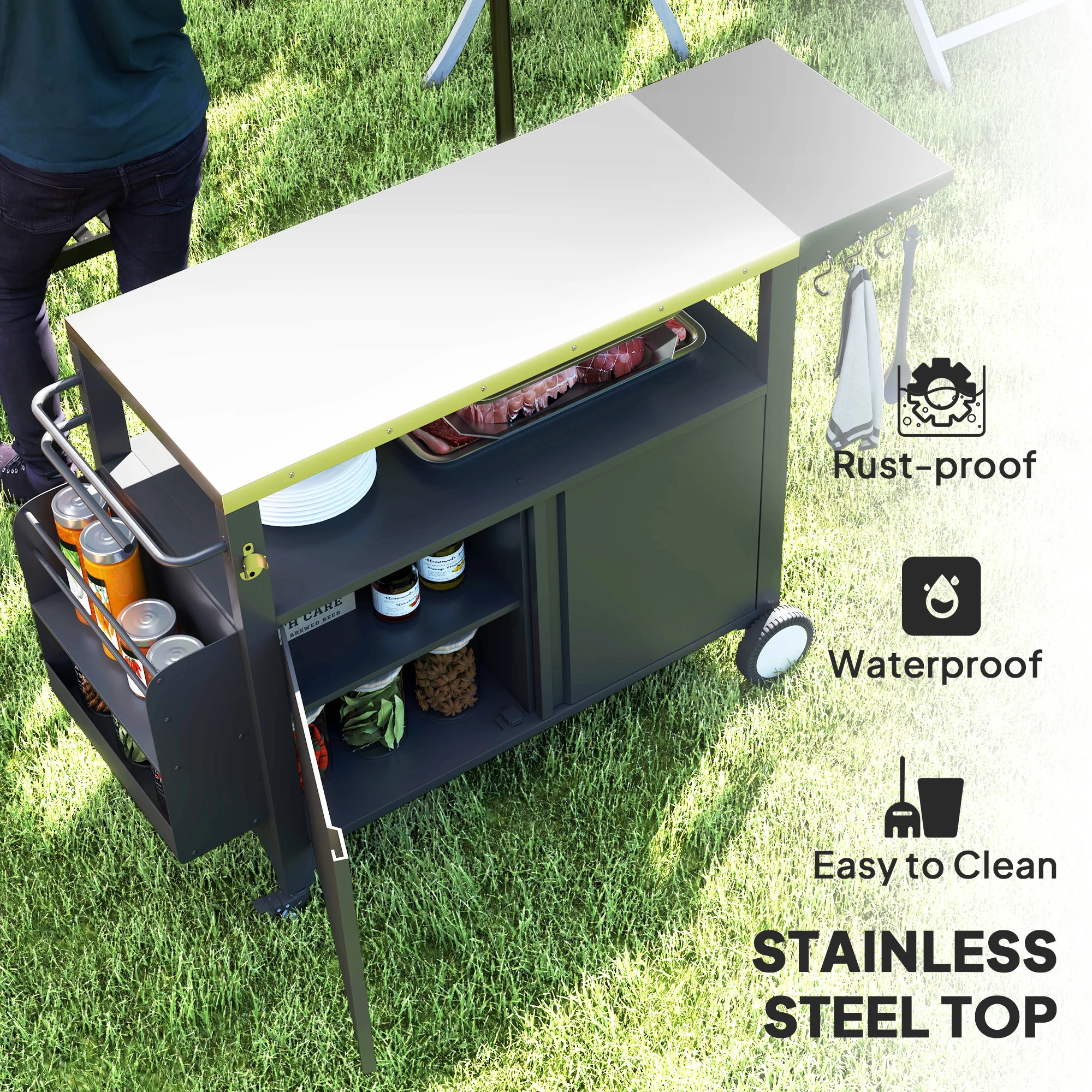 Outdoor Movable Grill Cart with Stainless Steel Top & Foldable Side Shelf, 37.8" x 18.1" - Image 6